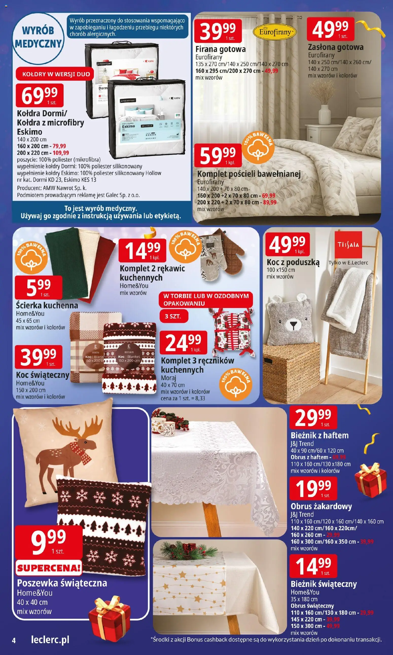 E.Leclerc Gazetka - Prezenty od 02.12.2025 | Strona: 4 | Produkty: Poduszka, Koc, Kołdra