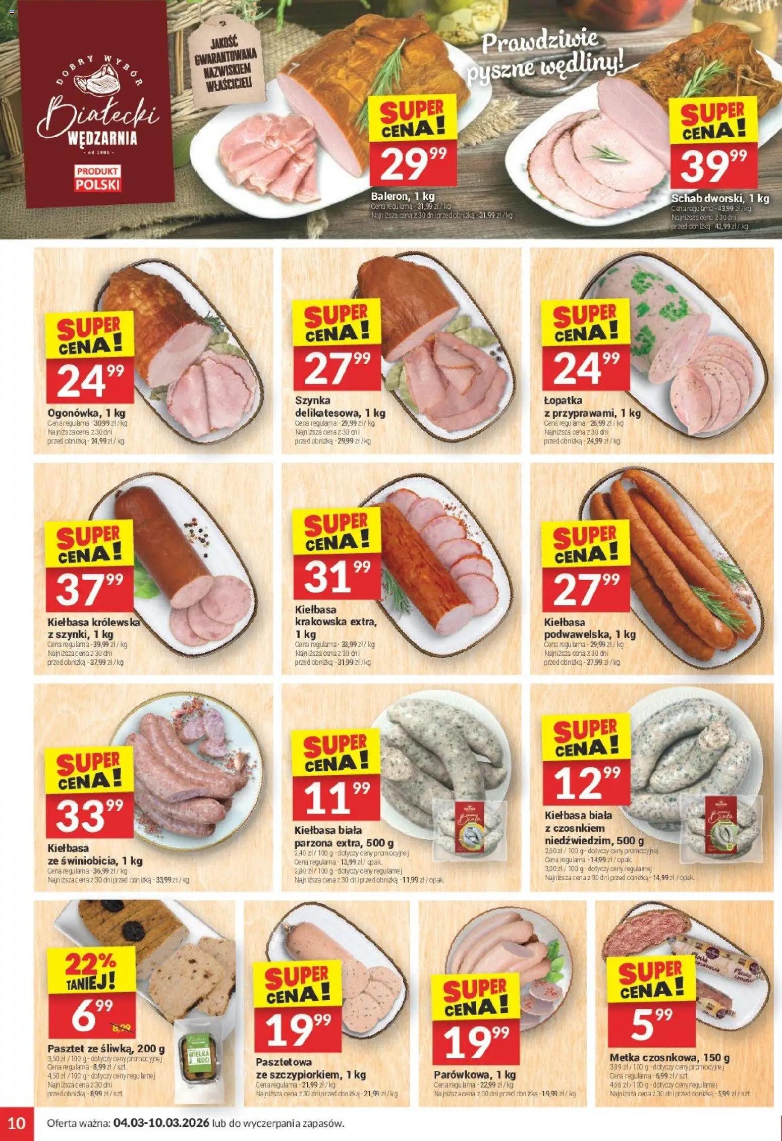Twój Market gazetka od 04.03.2026 | Strona: 10 | Produkty: Kiełbasa, Szynka, Biała kiełbasa, Wędliny