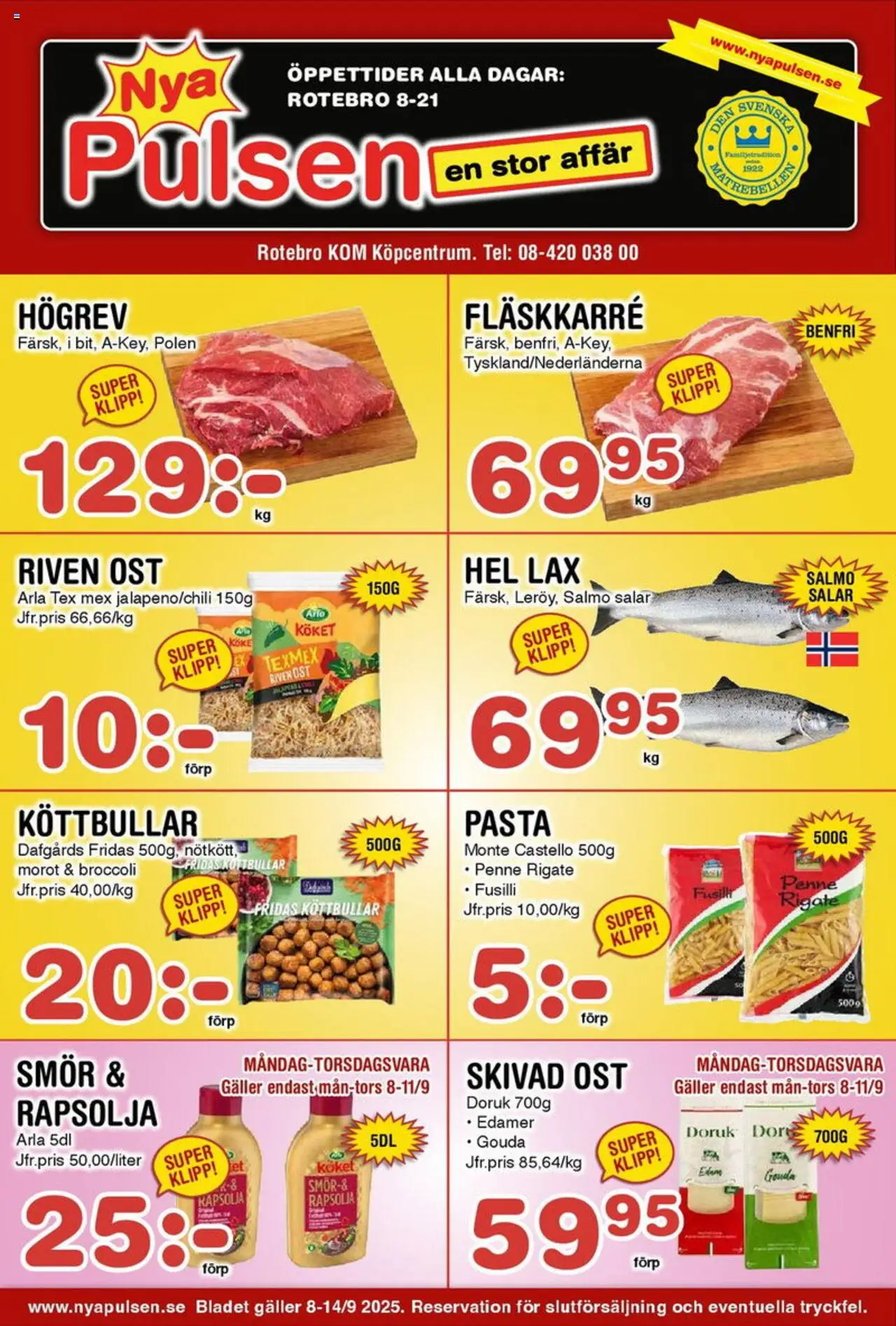 Nya Pulsen reklamblad aktuell från 08.09.2025 | Sida: 1 | Produkter: Lax, Rapsolja, Morot, Broccoli