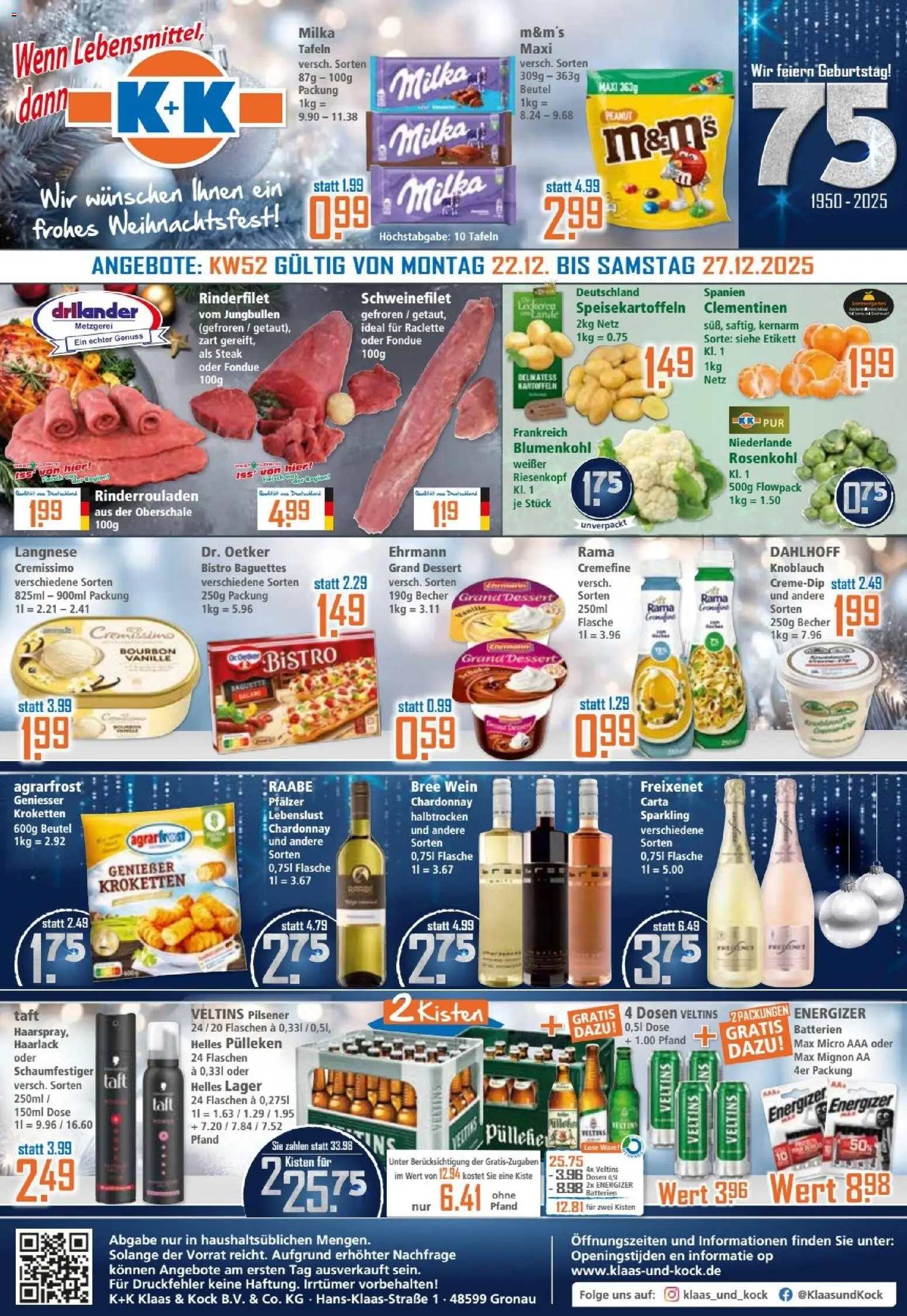 Klaas & Kock Prospekt – gültig ab 22.12.2025 | Seite: 1 | Produkte: Freixenet, Schweinefilet, Wein, Fondue