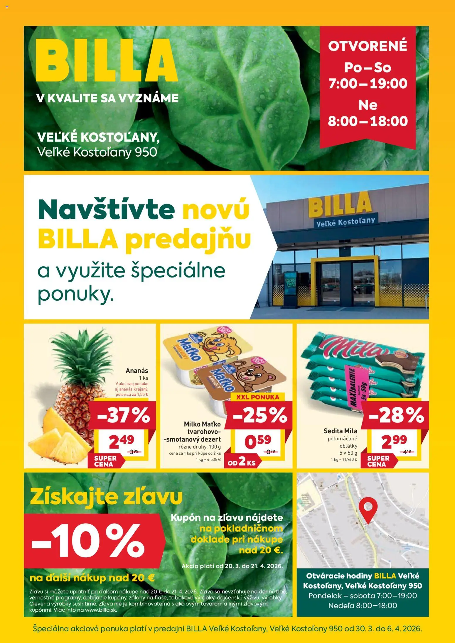 Nové Billa akcie – leták je platný od 30.03.2026 | Strana: 1 | Produkty: Hodiny, Ananás, Mila