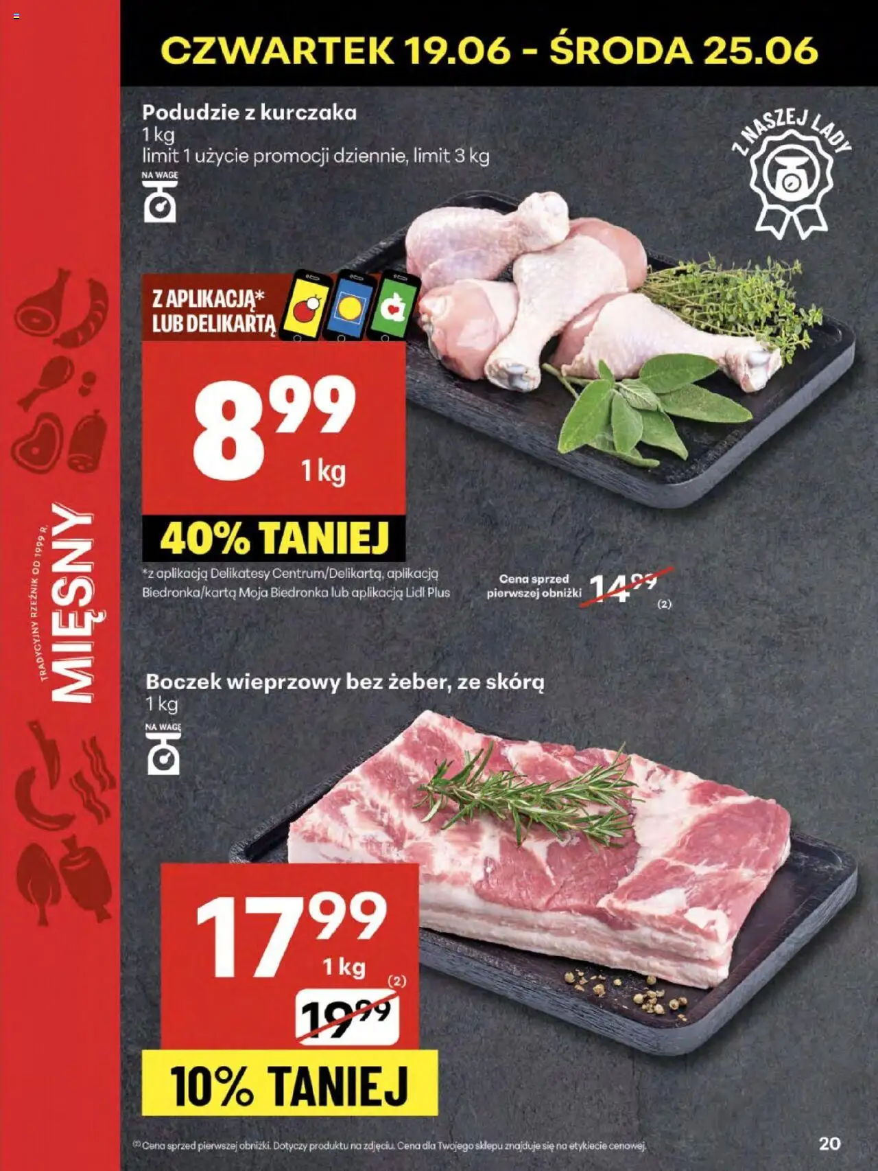 Delikatesy Centrum Gazetka od 19.06.2025 | Strona: 20 | Produkty: Podudzie z kurczaka, Boczek wieprzowy, Delikatesy, Boczek