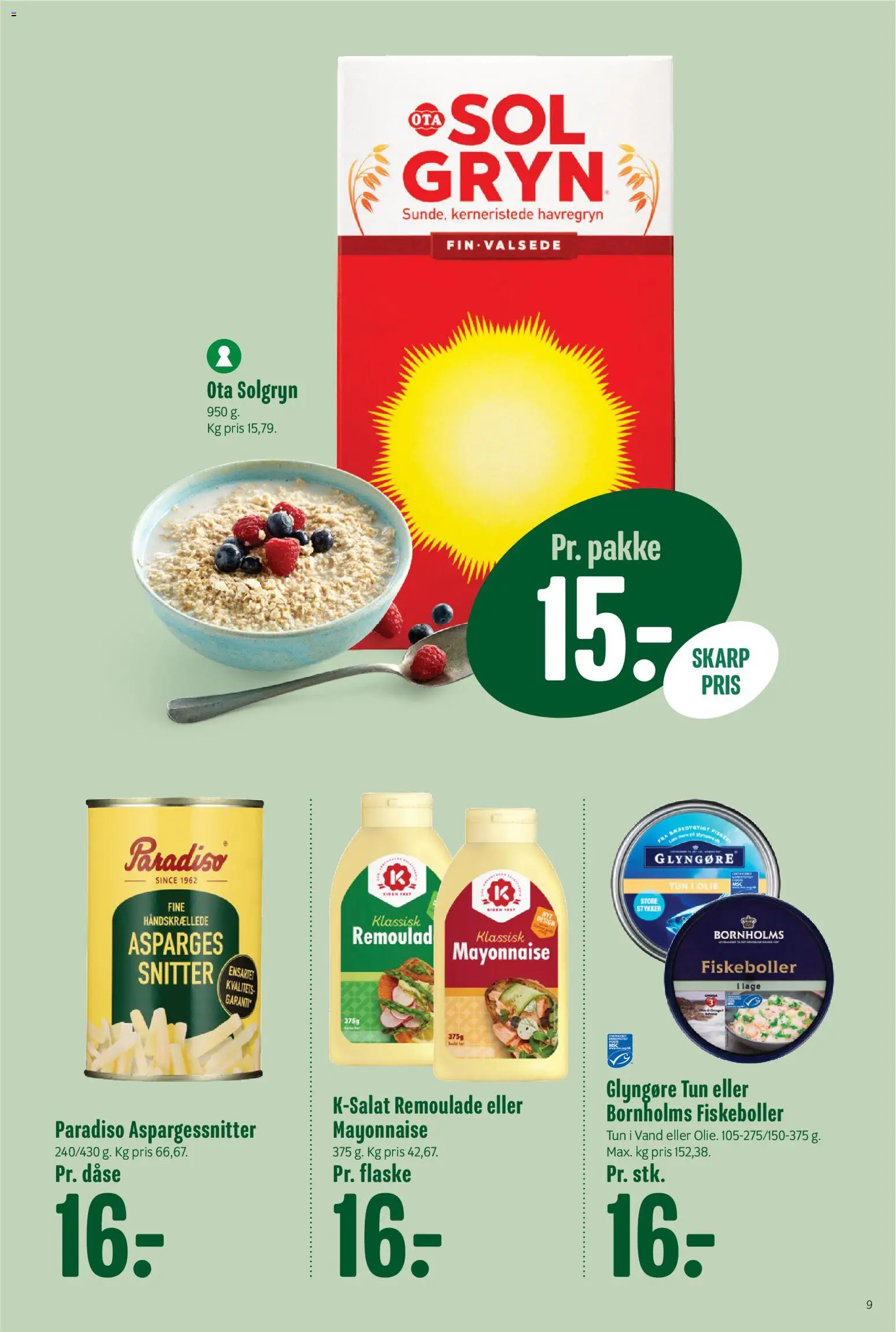 Min Købmand tilbudsavis – gyldig fra 31.10.2025 | Side: 9 | Produkter: Tun, Remoulade, Havregryn, Asparges