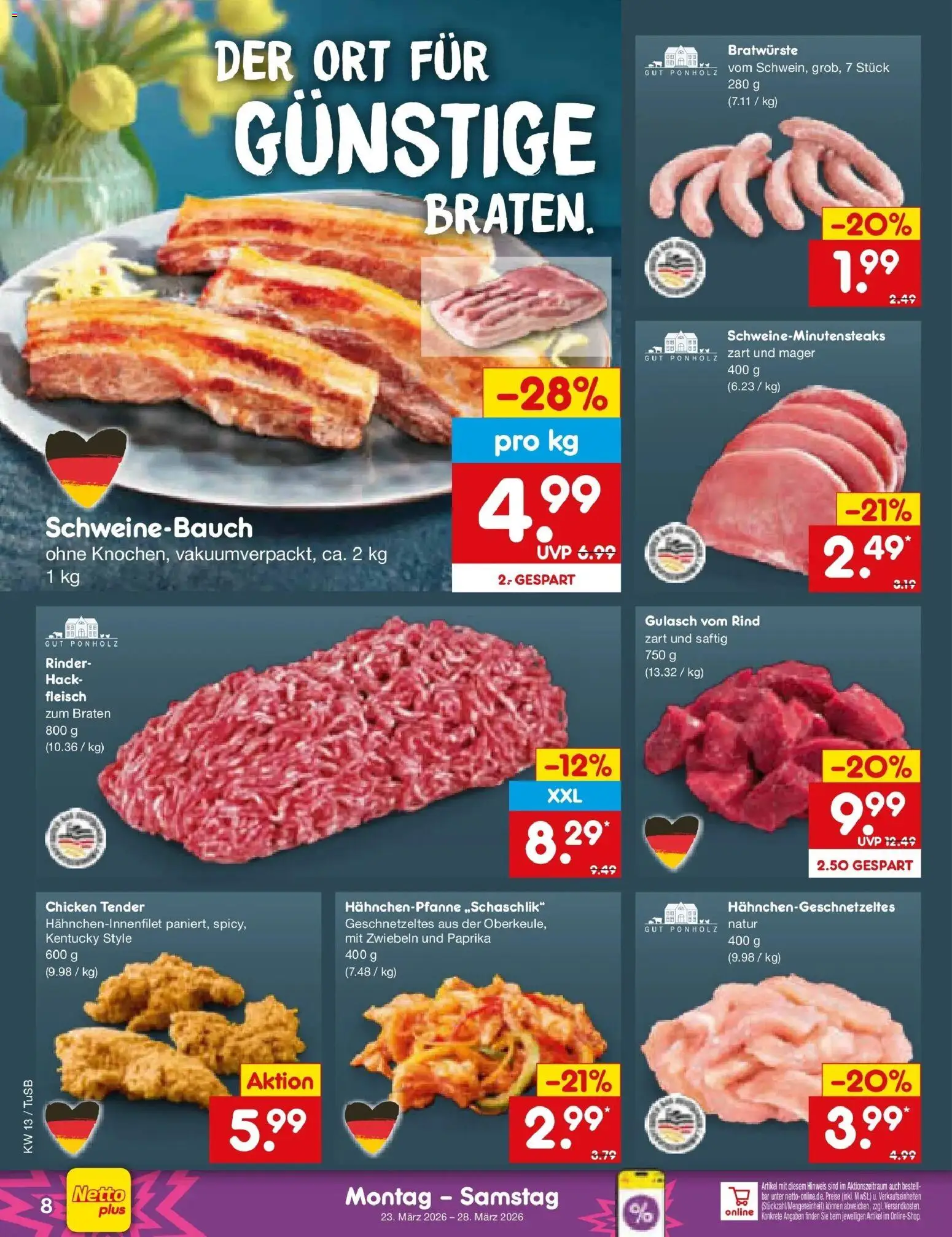 Netto Marken-Discount Prospekt Calw-Stammheim	 – gültig ab 23.03.2026 | Seite: 8 | Produkte: Schweinebauch, Zwiebeln, Paprika, Fleisch
