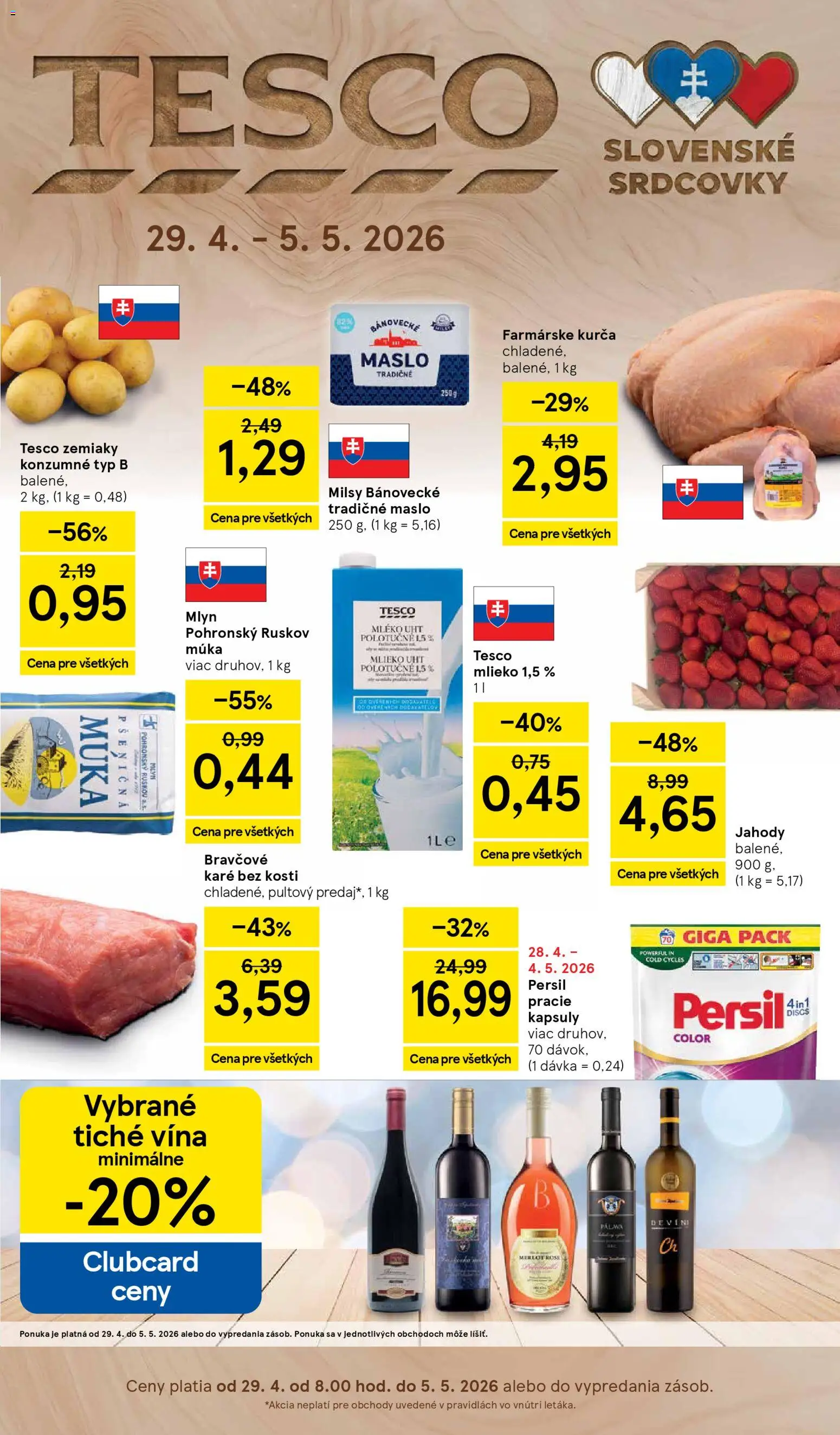 Nové Tesco akcie – leták je platný od 29.04.2026 | Strana: 1 | Produkty: Maslo, Mlieko, Múka, Kurča