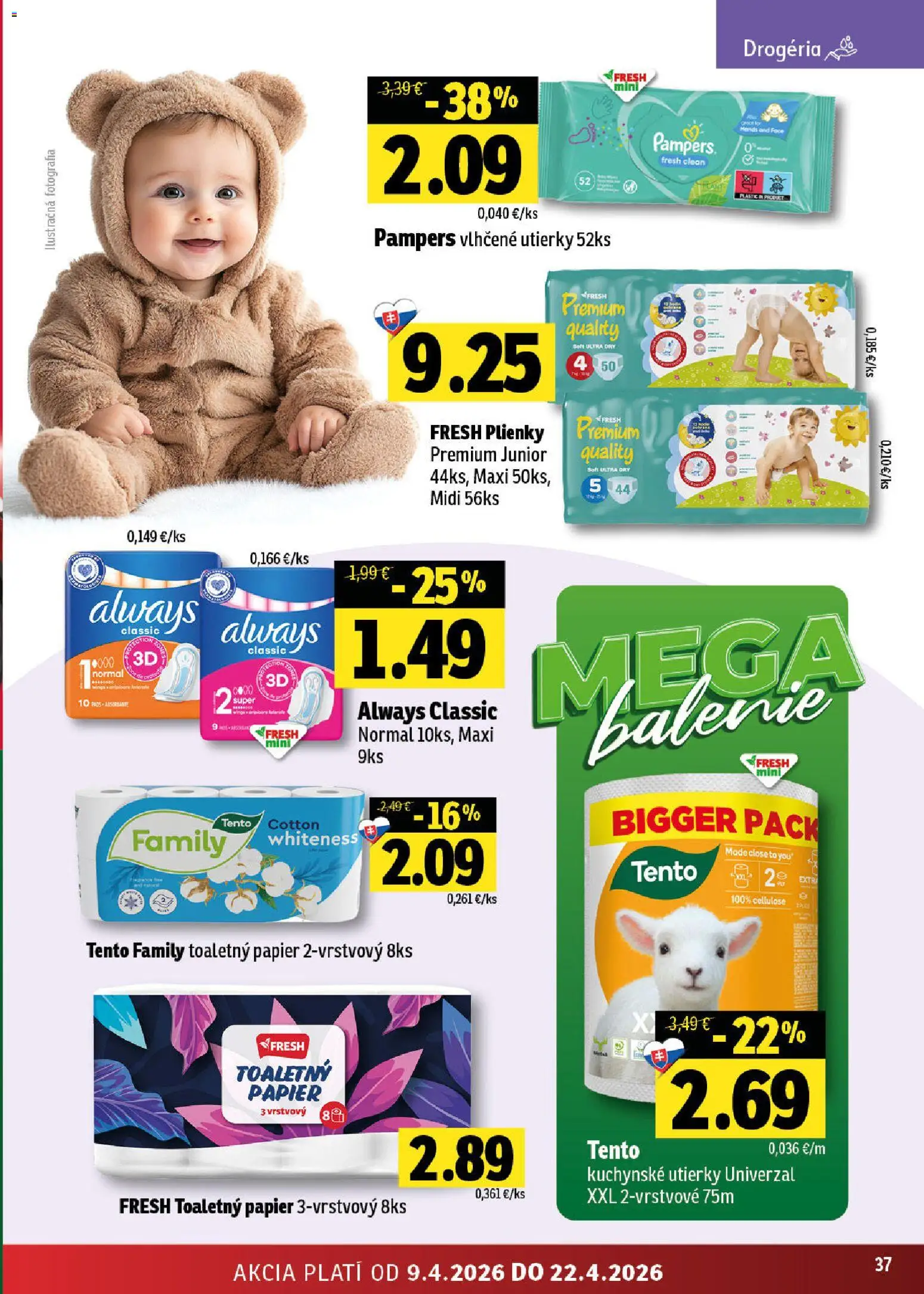 Nové Fresh akcie – leták je platný od 09.04.2026 | Strana: 37 | Produkty: Toaletný papier, Plienky, Pampers