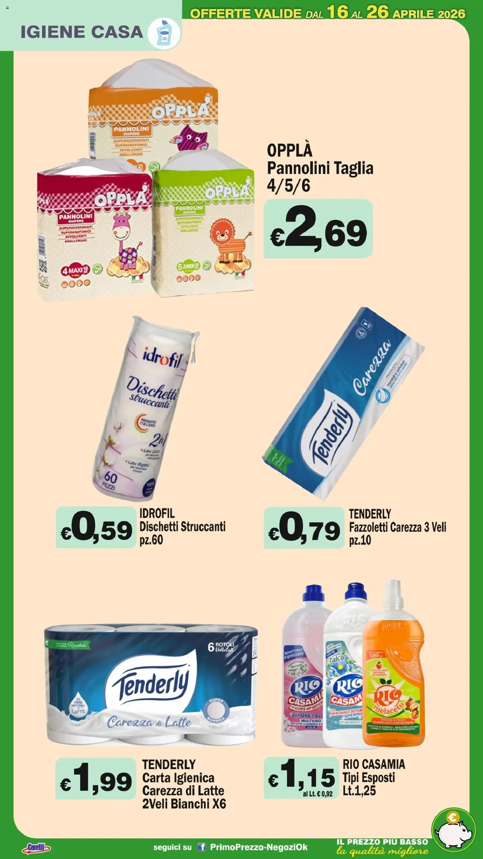 Volantino Primo Prezzo del 16.04.2026 | Pagina: 23 | Prodotti: Detergente, Dischetti struccanti, Fazzoletti, Talco