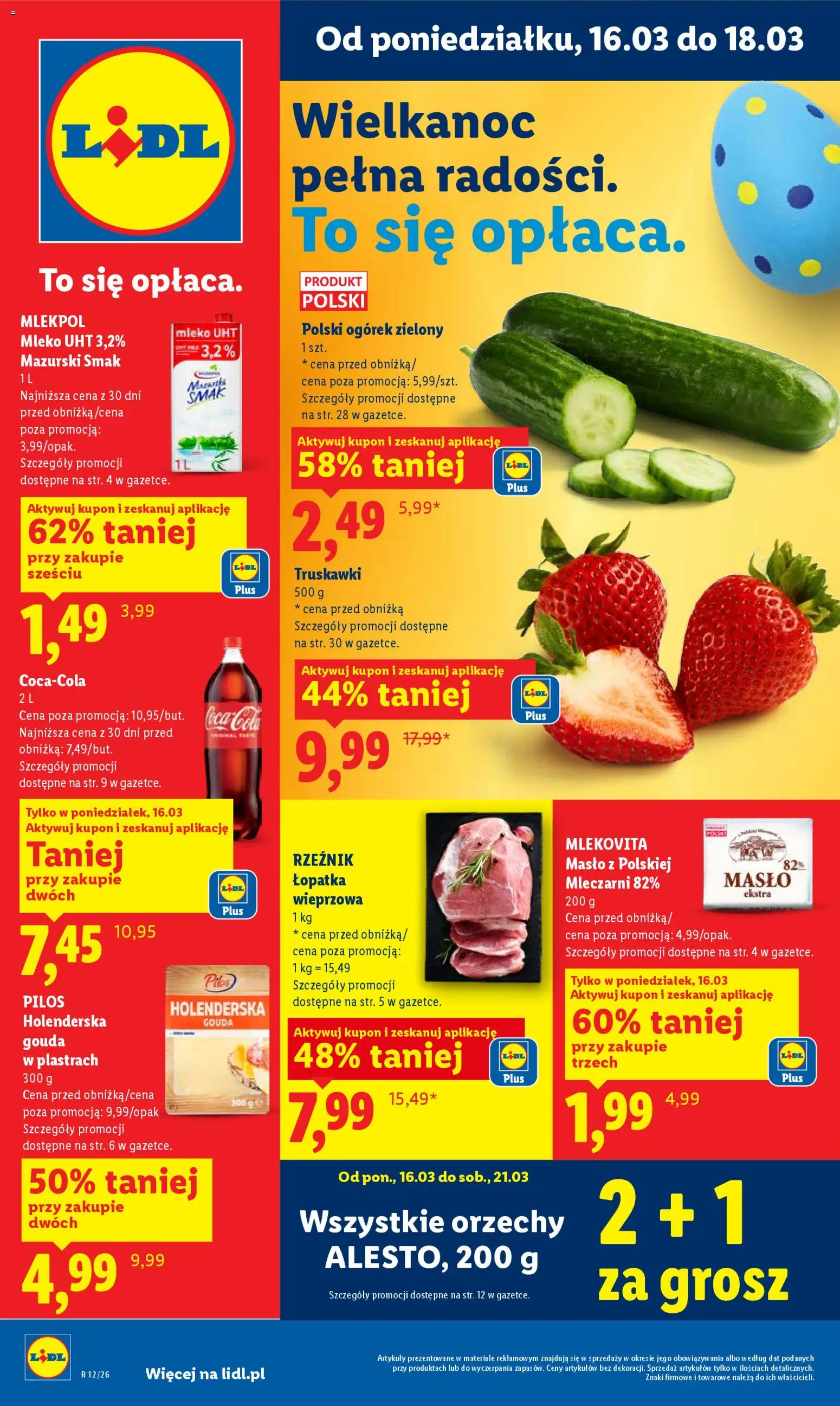Lidl Polsko leták od 16.03.2026 | Strana: 1 | Produkty: Gouda, Mléko, Máslo, Lopatka