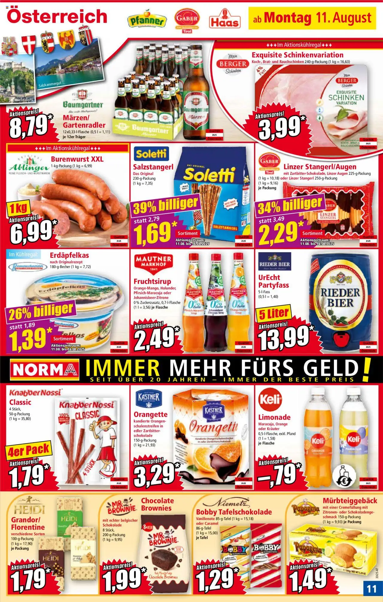Norma Flugblatt gültig ab 11.08.2025 | Seite: 11 | Produkte: Schokolade, Schinken, Bier, Orangen
