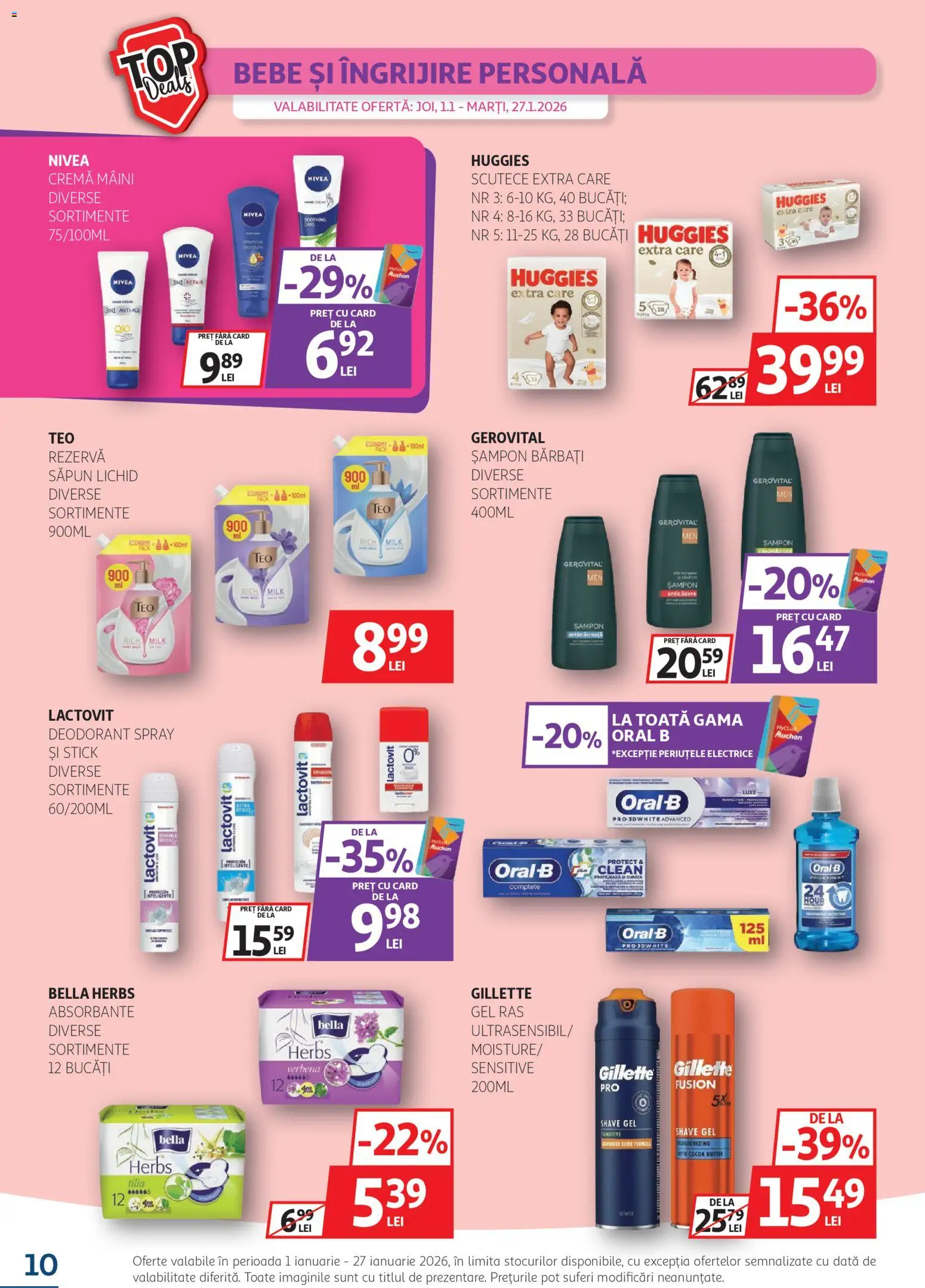 Noul catalog Auchan – valabil de la 01.01.2026 | Pagină: 10 | Produse: Șampon, Cremă, Absorbante, Scutece