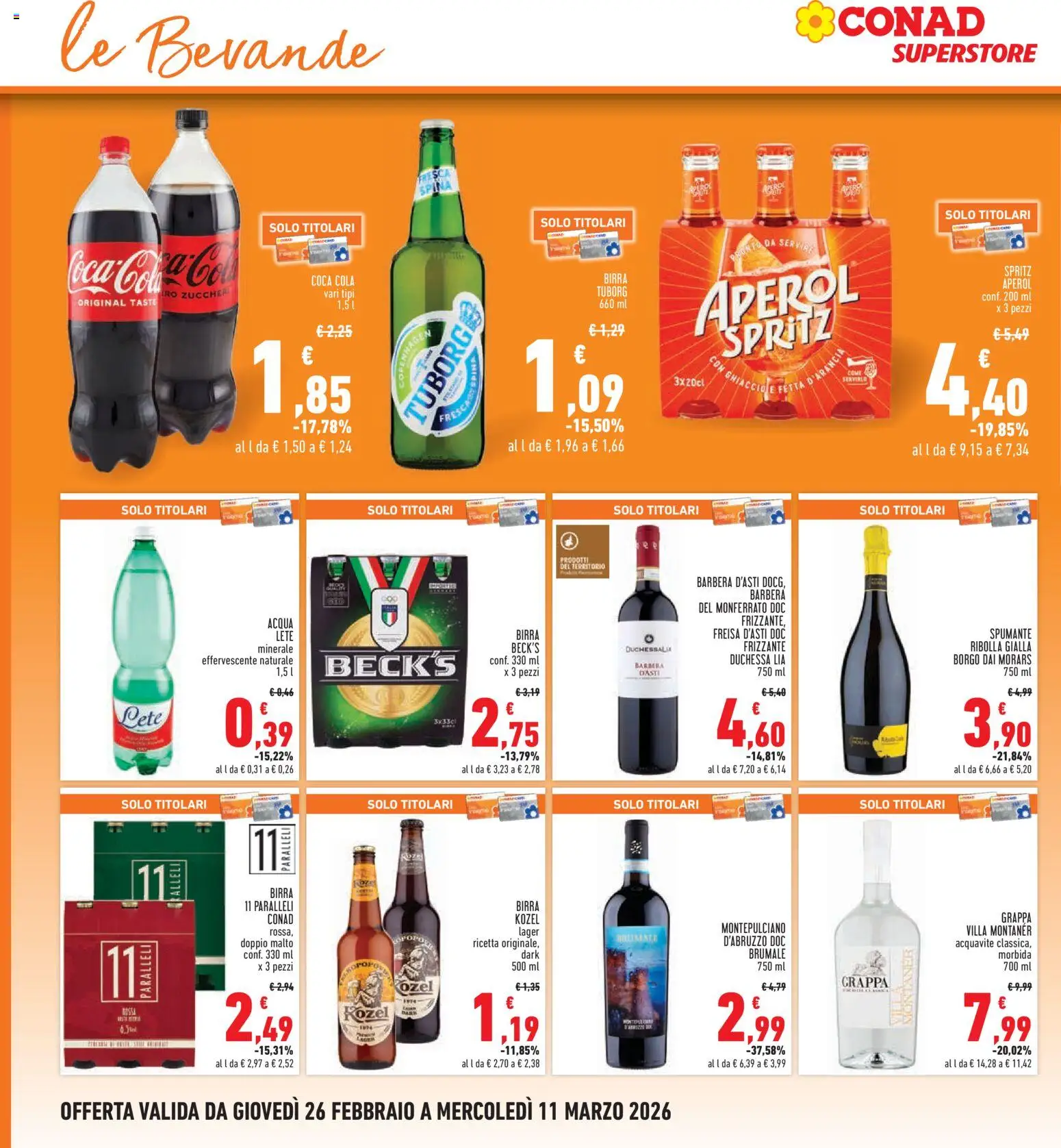 Volantino Conad del 26.02.2026 | Pagina: 20 | Prodotti: Birra, Spumante, Aperol, Grappa