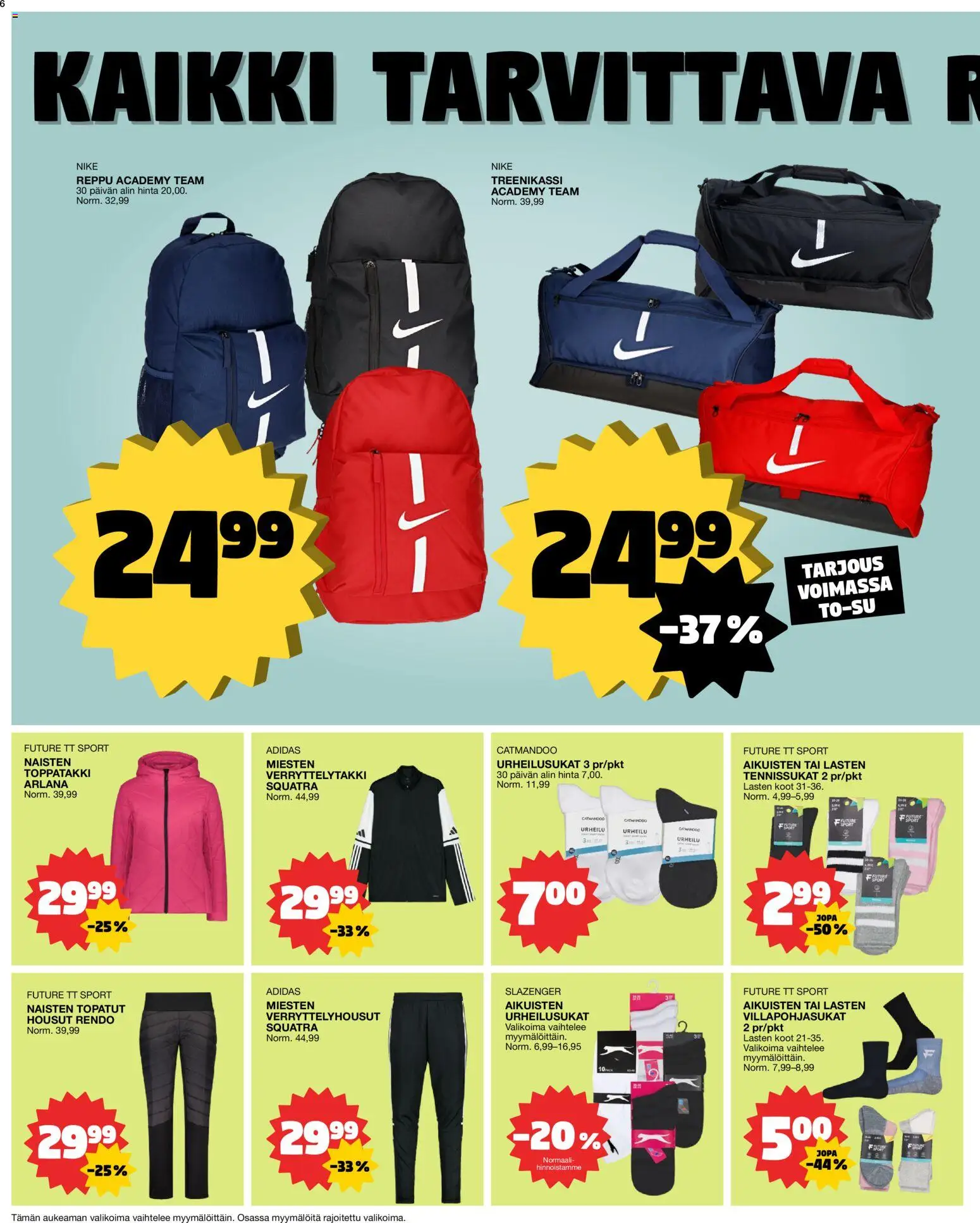 Tokmanni tarjoukset – voimassa 05.01.2026 alkaen | Sivu: 6 | Tuotteet: Verryttelyhousut, Housut, Reppu, Toppatakki