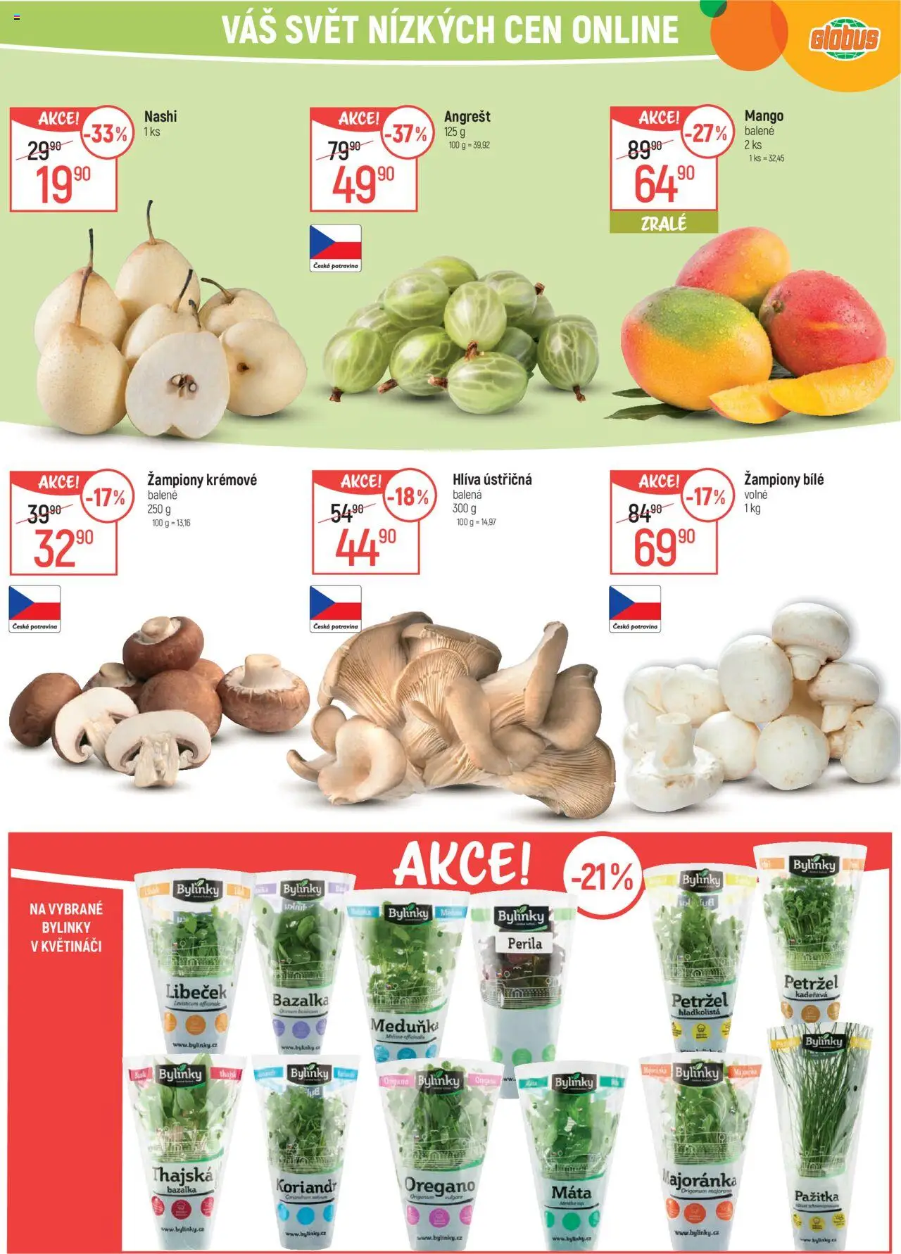 Globus leták - Praha Černý Most od 16.07.2025 | Strana: 1 | Produkty: Žampiony, Mango, Globus, Bazalka