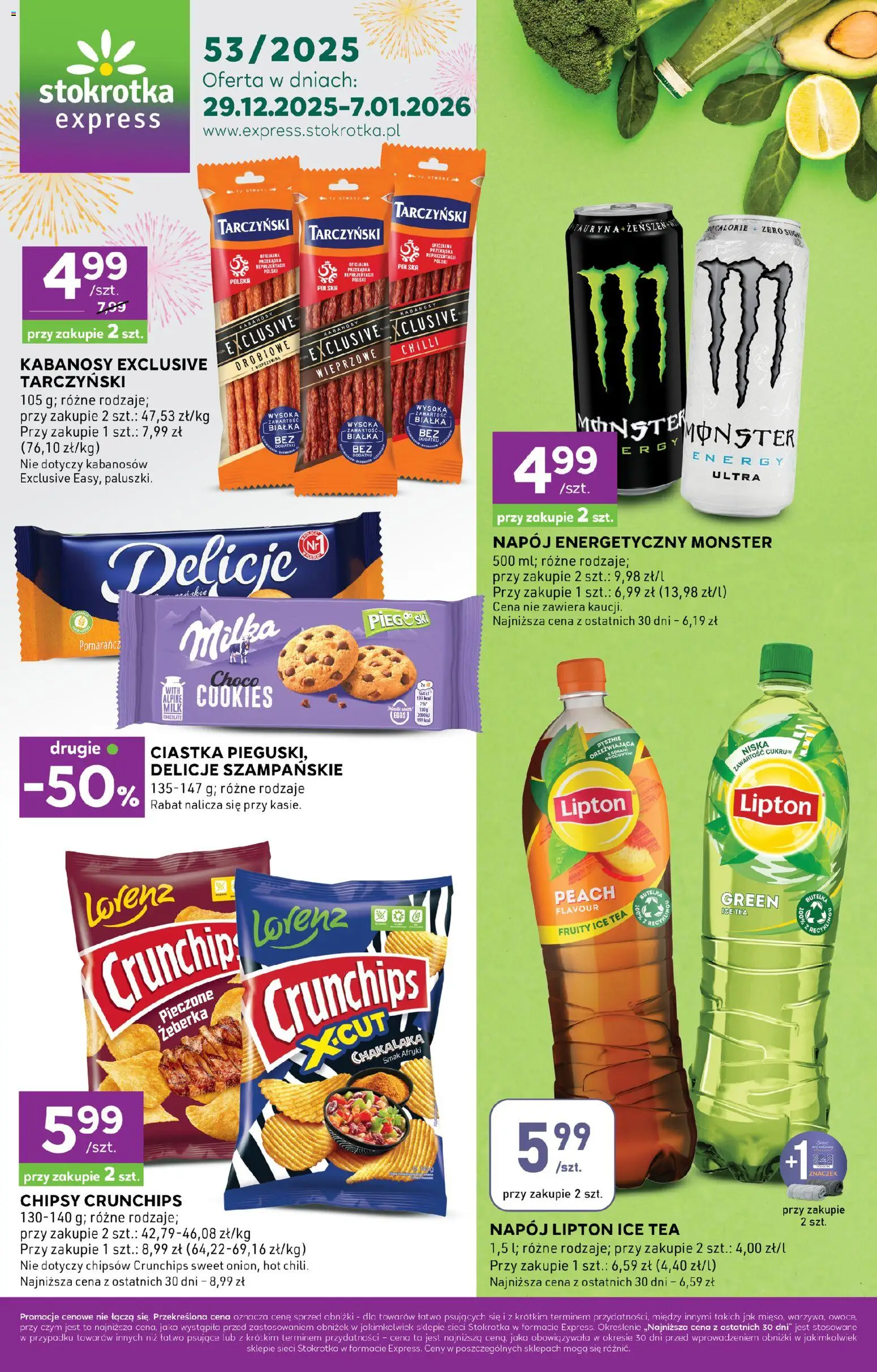 Stokrotka Gazetka - Express od 29.12.2025 | Strona: 1 | Produkty: Ice Tea, Kabanosy, Milka, Wieprzowina