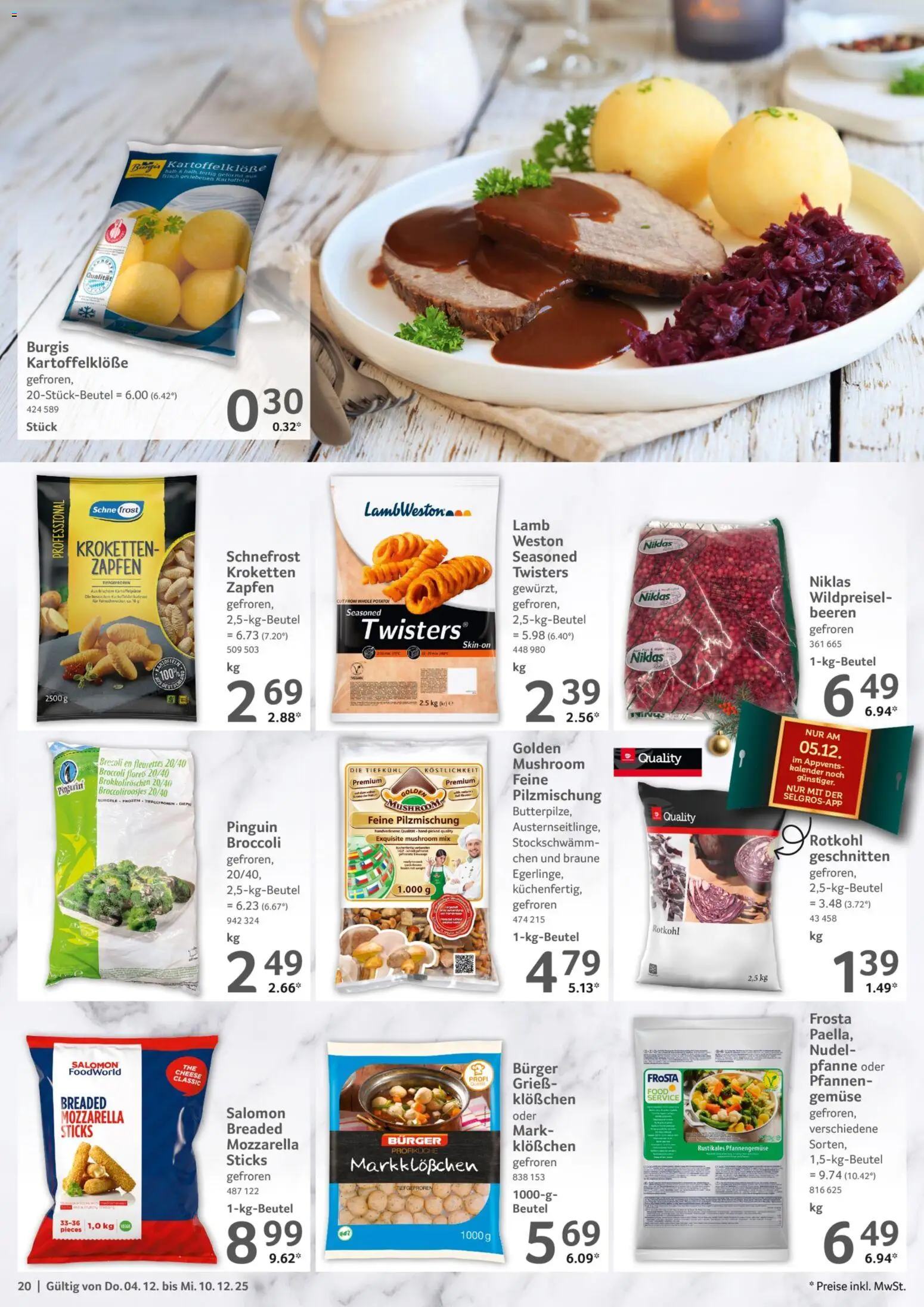 Selgros Prospekt 	 – gültig ab 04.12.2025 | Seite: 20 | Produkte: Mozzarella, Burger, Kartoffeln, Gemüse