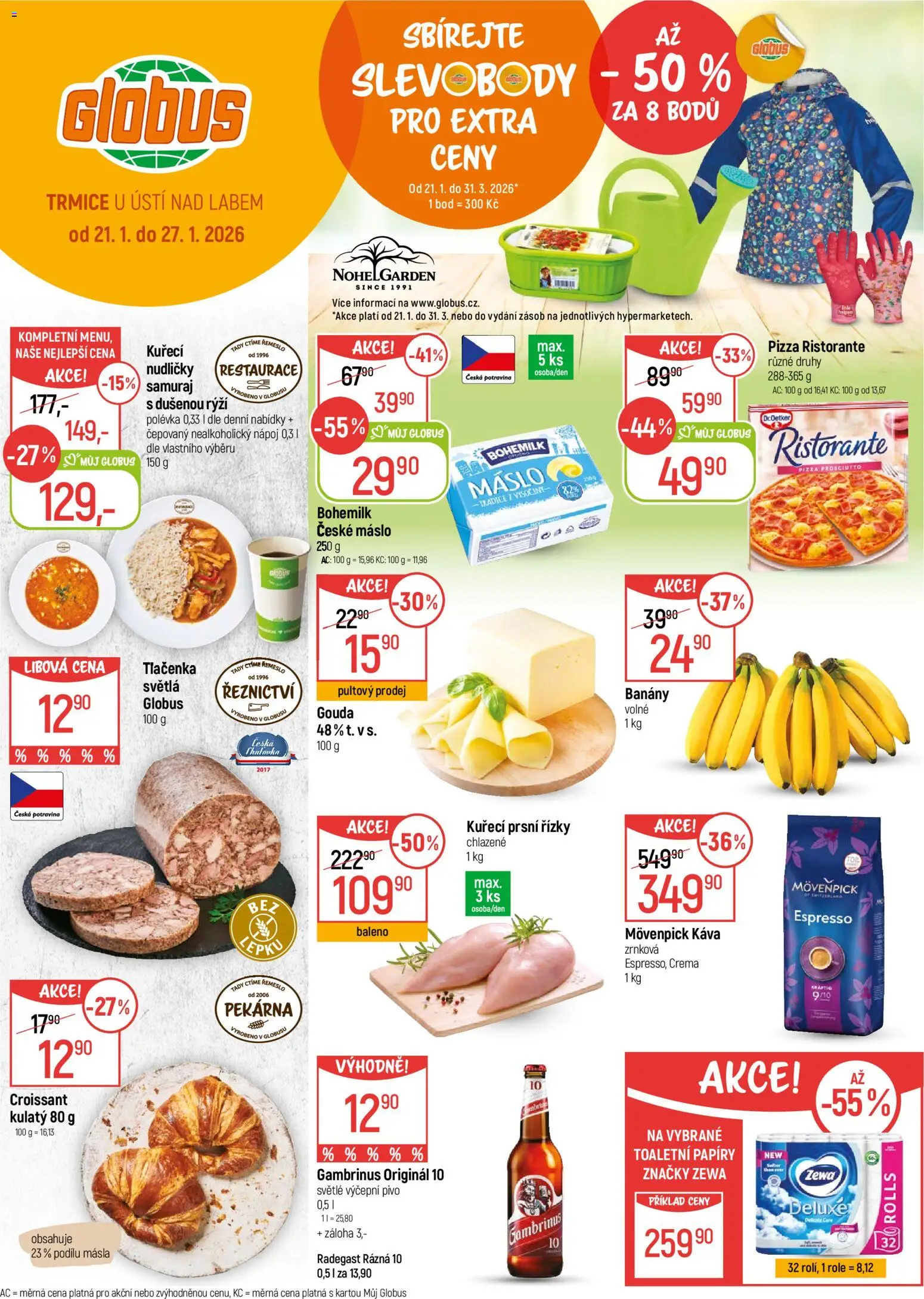 Globus leták - Trmice od 21.01.2026 | Strana: 1 | Produkty: Pivo, Banány, České máslo, Zewa
