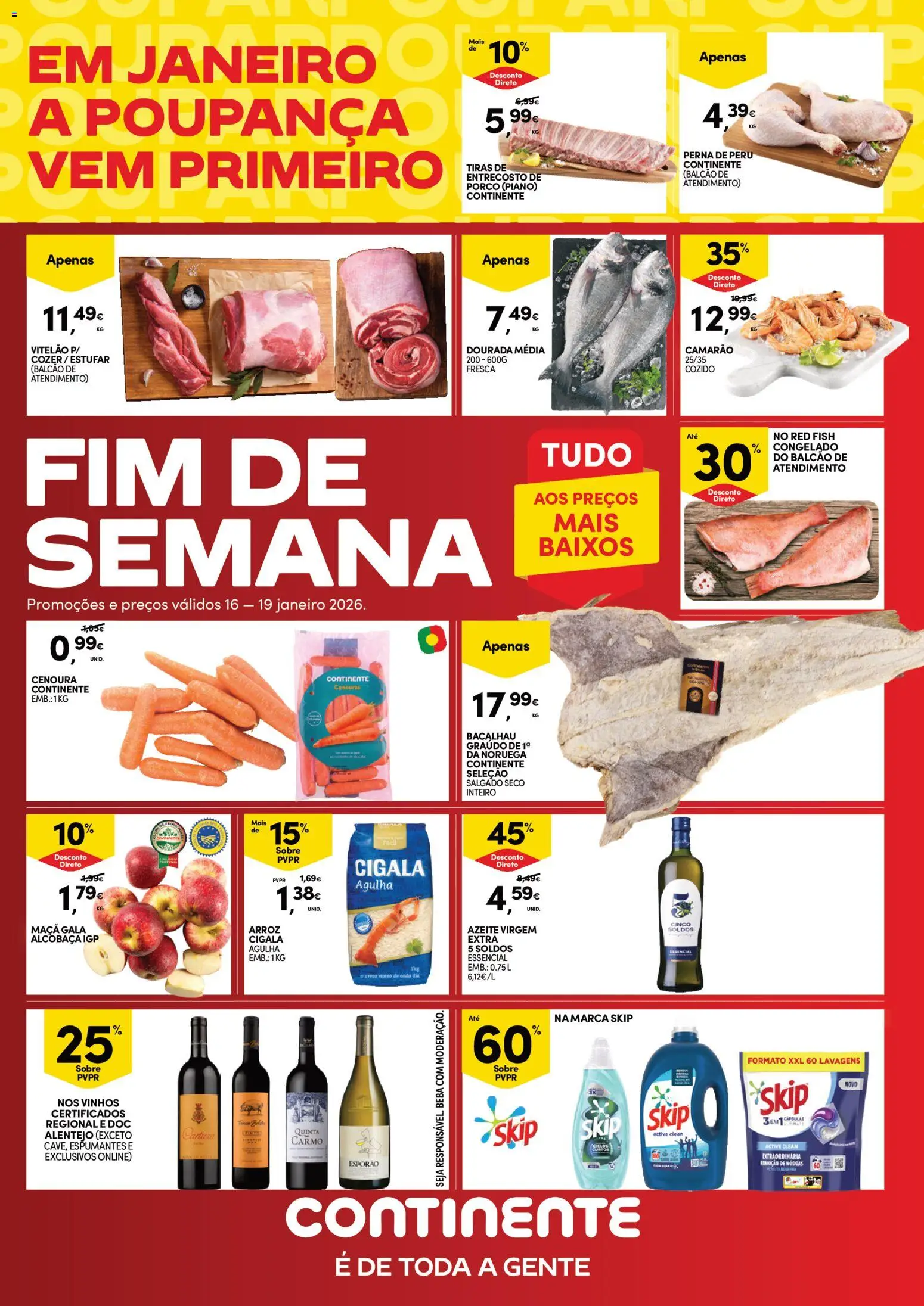 Continente - Fim de Semana │ válido de 16.01.2026 | Página: 1 | Produtos: Dourada, Camarão, Arroz, Cenoura