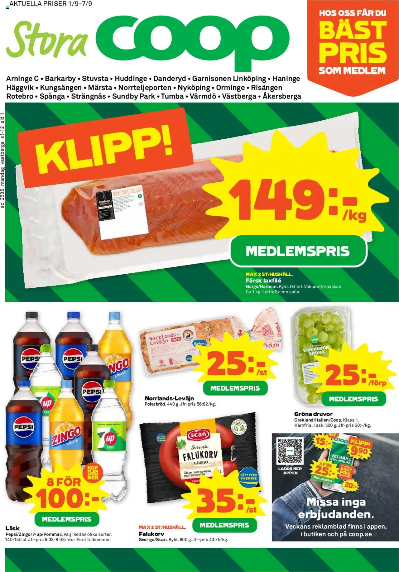 Coop Forum reklamblad aktuell från 01.09.2025 | Sida: 1 | Produkter: Zingo, Falukorv, Pepsi, Apelsin