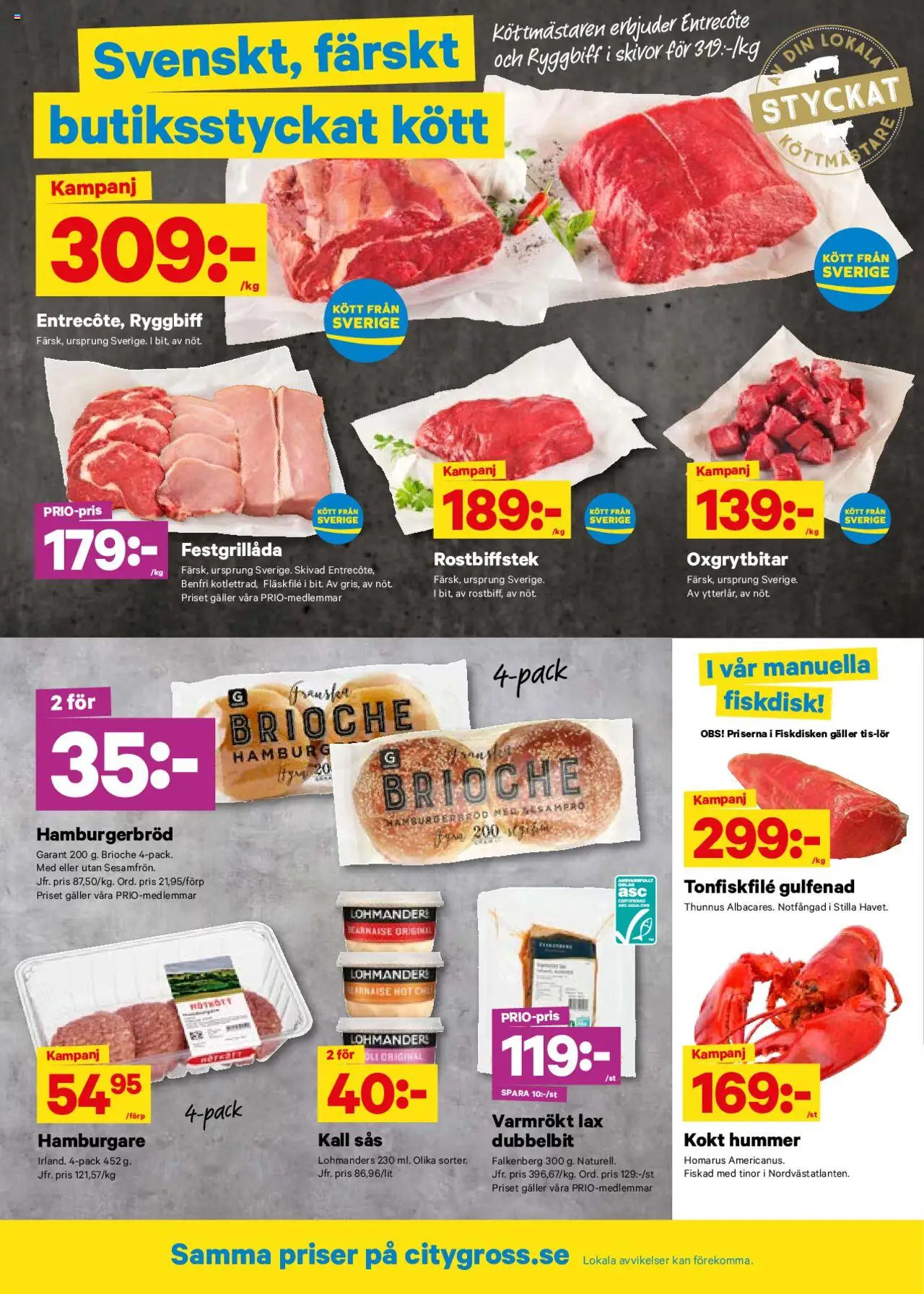 City Gross reklamblad aktuell från 22.09.2025 | Sida: 2 | Produkter: Hamburgare, Entrecote, Hamburgerbröd, Lax