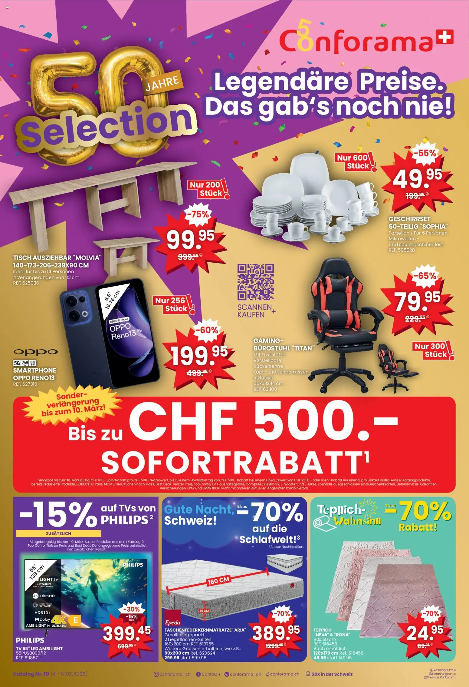 Conforama aktionen Selection  – gültig ab 04.03.2026 | Seite: 1 | Produkte: Tisch, Smartphone, TV, Philips