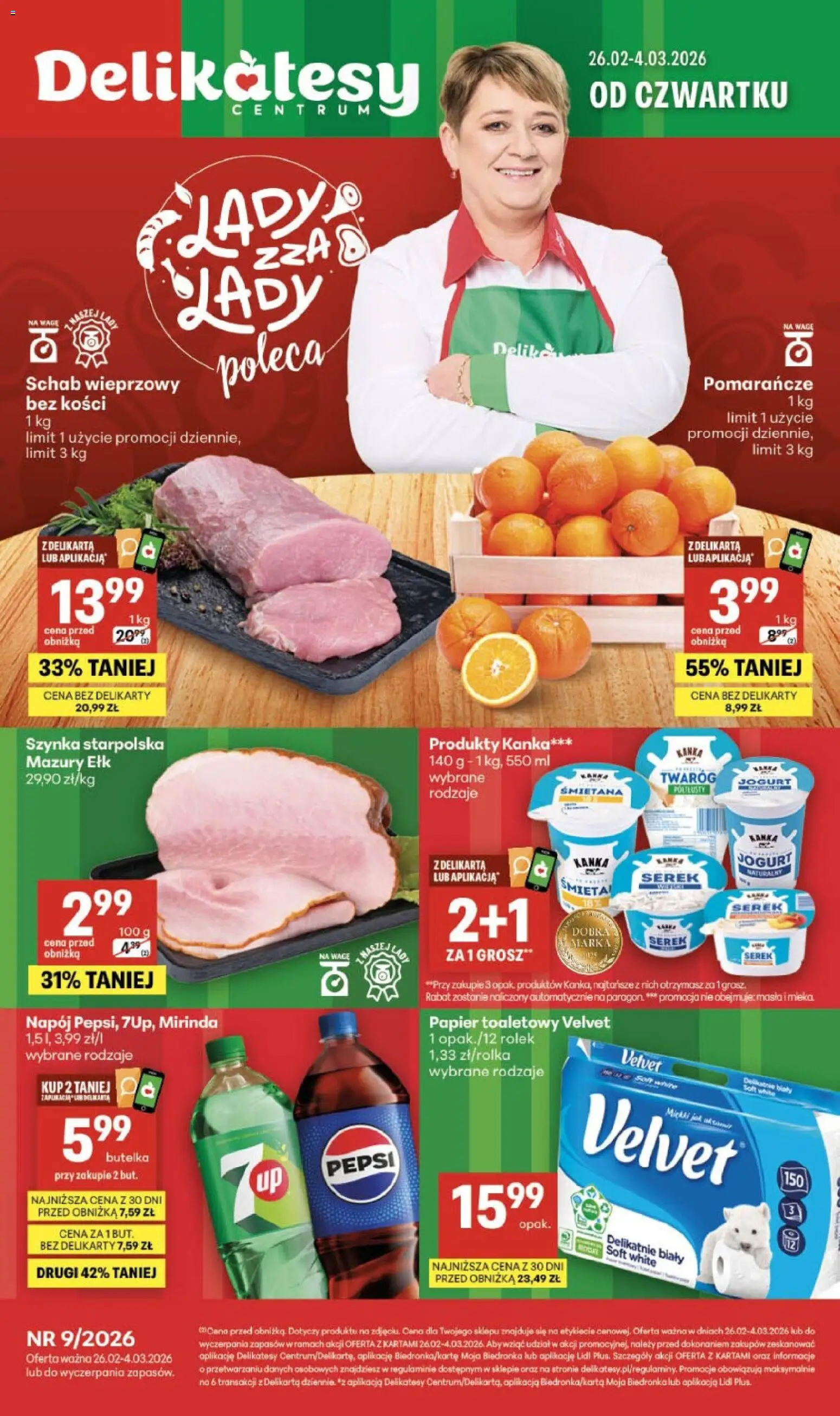 Delikatesy Centrum Gazetka od 26.02.2026 | Strona: 1 | Produkty: Schab, Papier toaletowy, Pepsi, Pomarańcze