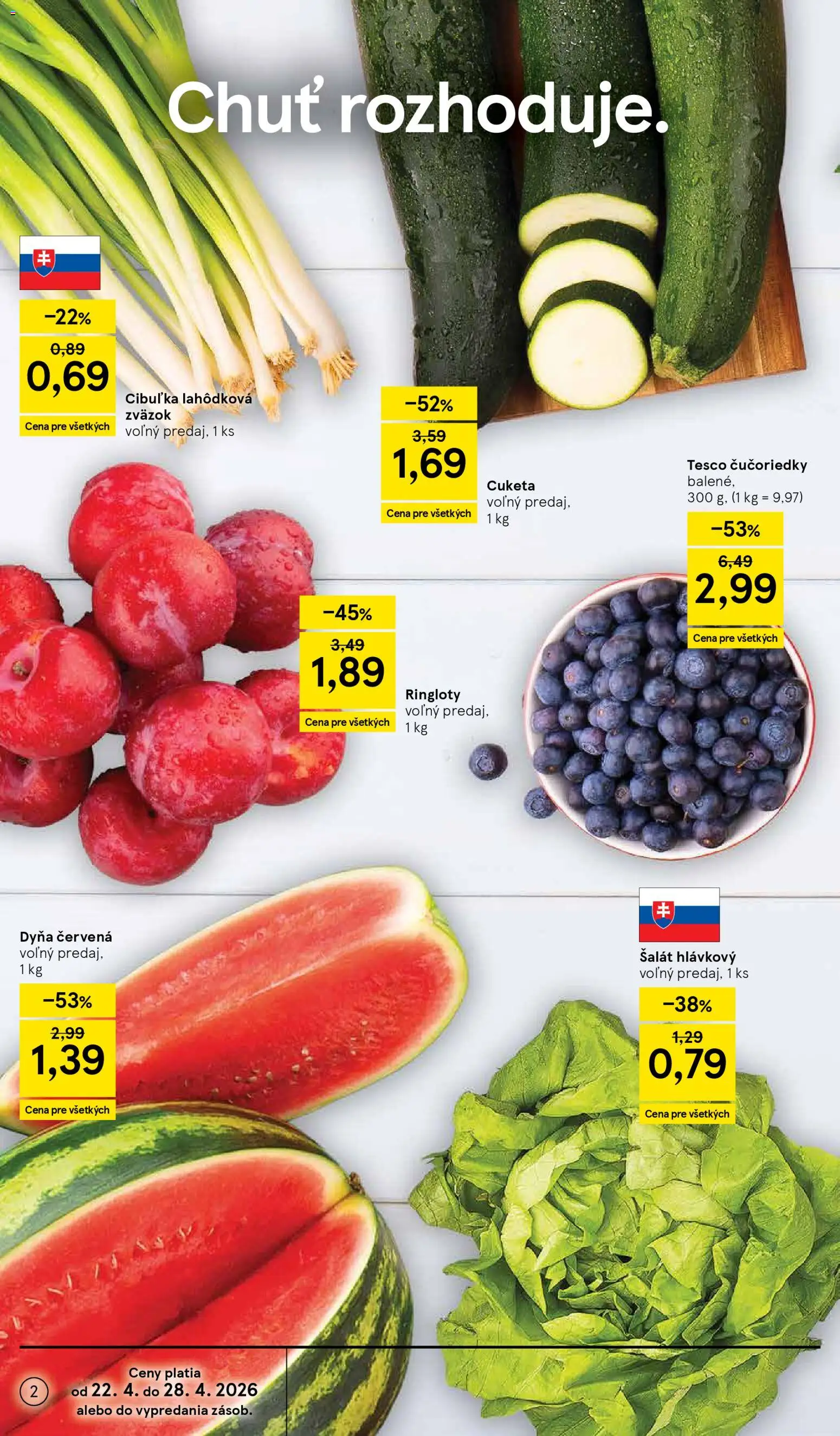 Nové Tesco akcie – leták je platný od 22.04.2026 | Strana: 2 | Produkty: Čučoriedky, Šalát, Cuketa