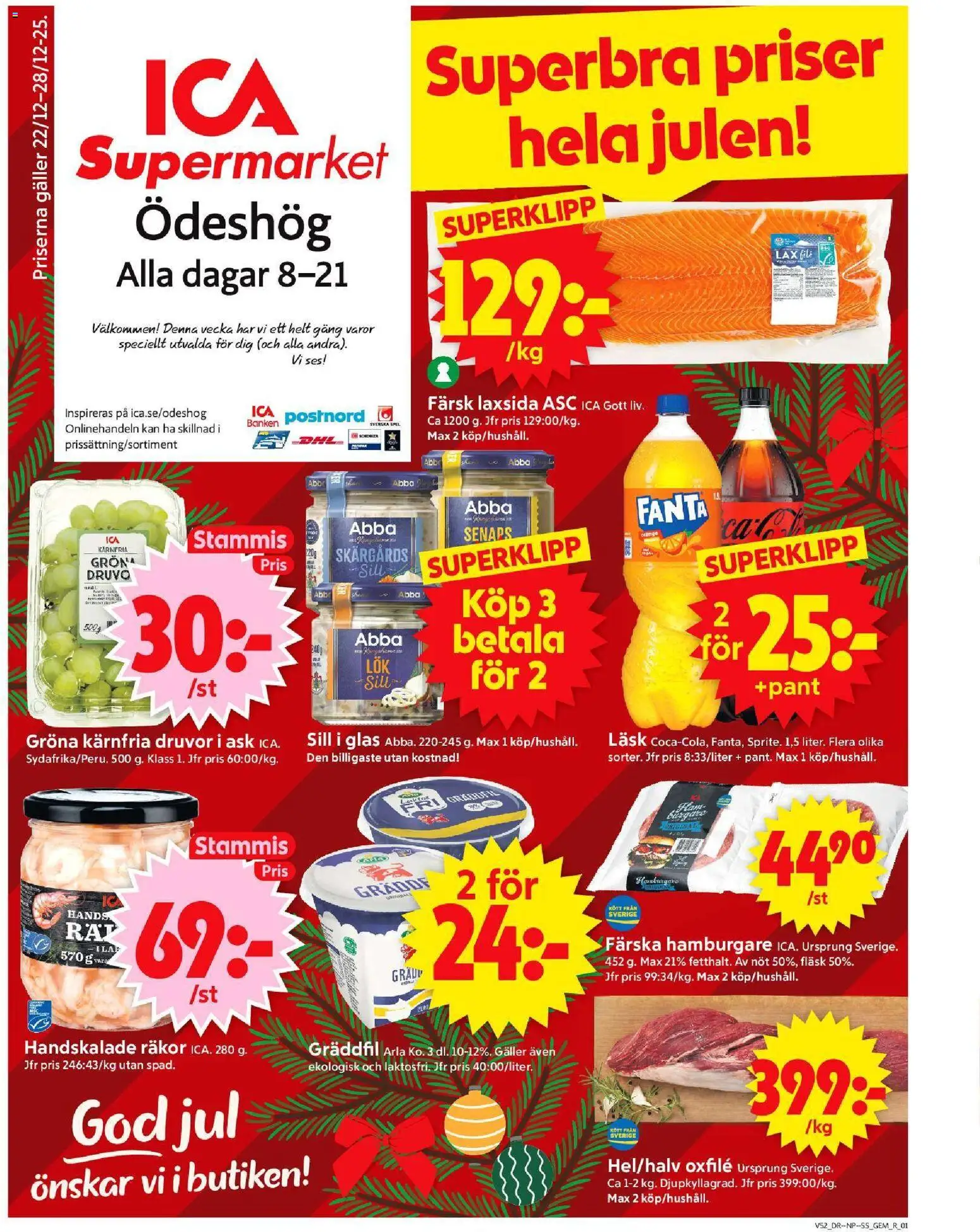 ICA Supermarket reklamblad aktuell från 22.12.2025 | Sida: 1 | Produkter: Hamburgare, Galler, Fläsk, Spel