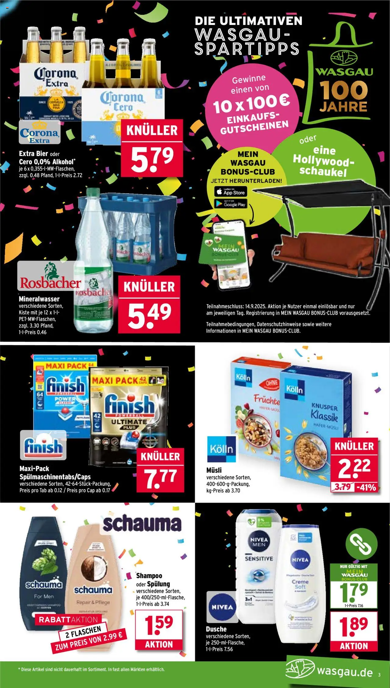 Wasgau Prospekt 	 – gültig ab 08.09.2025 | Seite: 3 | Produkte: Musli, Bier, Shampoo, Mineralwasser