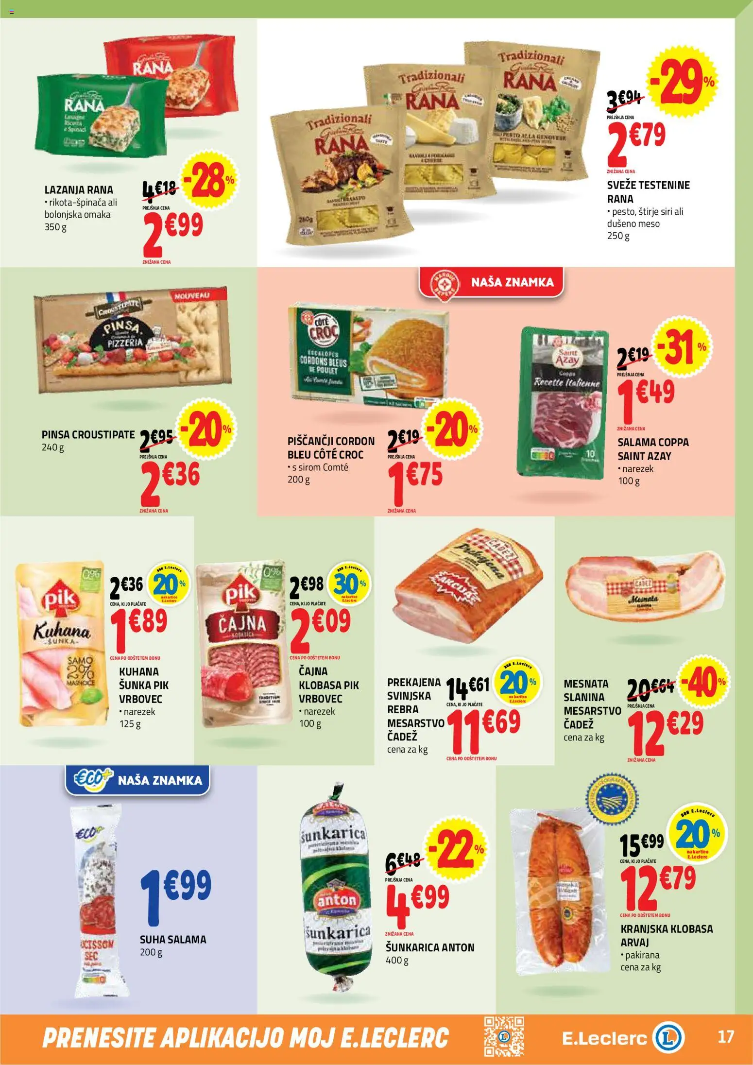 Novi E.leclerc katalog ponudbe – veljaven od 22.04.2026 | Stran: 17 | Izdelki: Narezek, Slanina, Sunka, Lazanja