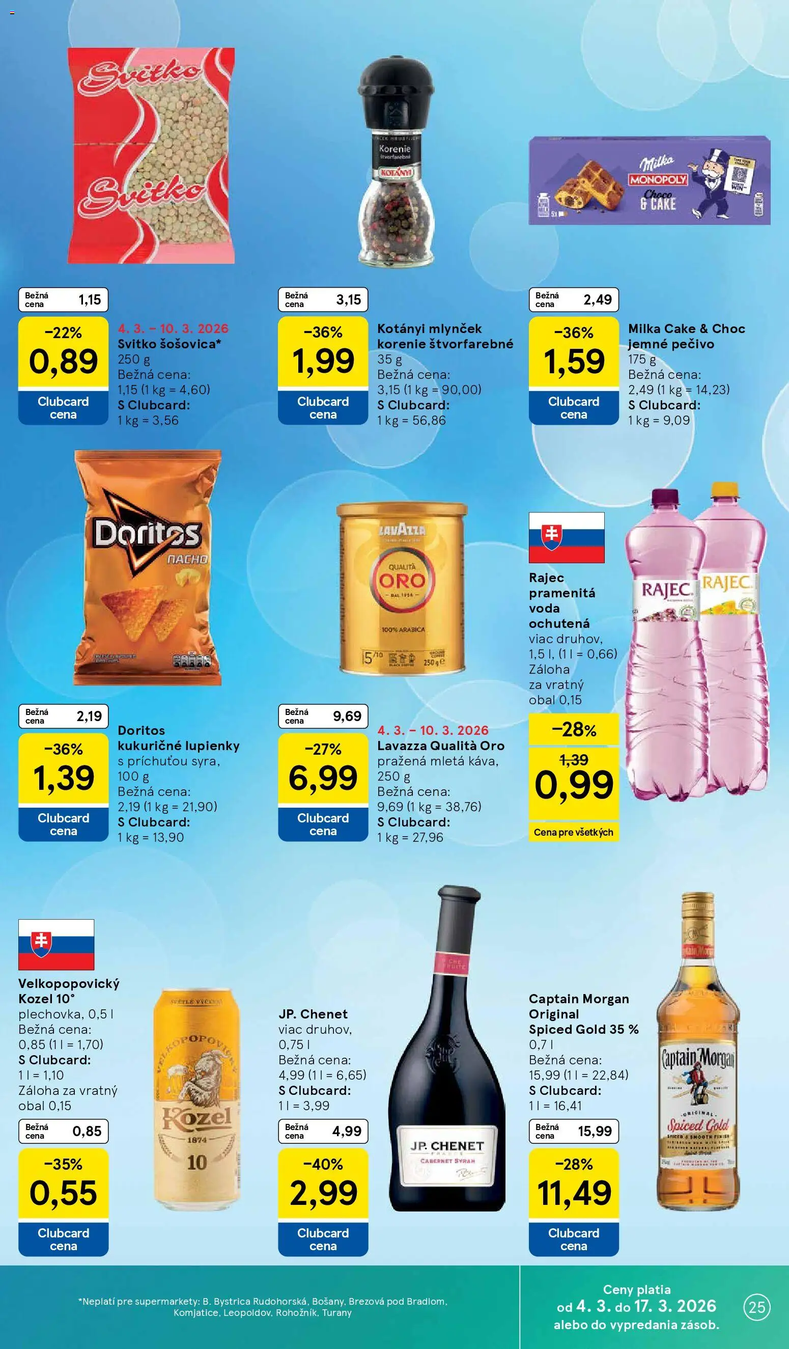 Nové Tesco akcie – leták je platný od 04.03.2026 | Strana: 25 | Produkty: Rajec, Korenie, Voda, Rum