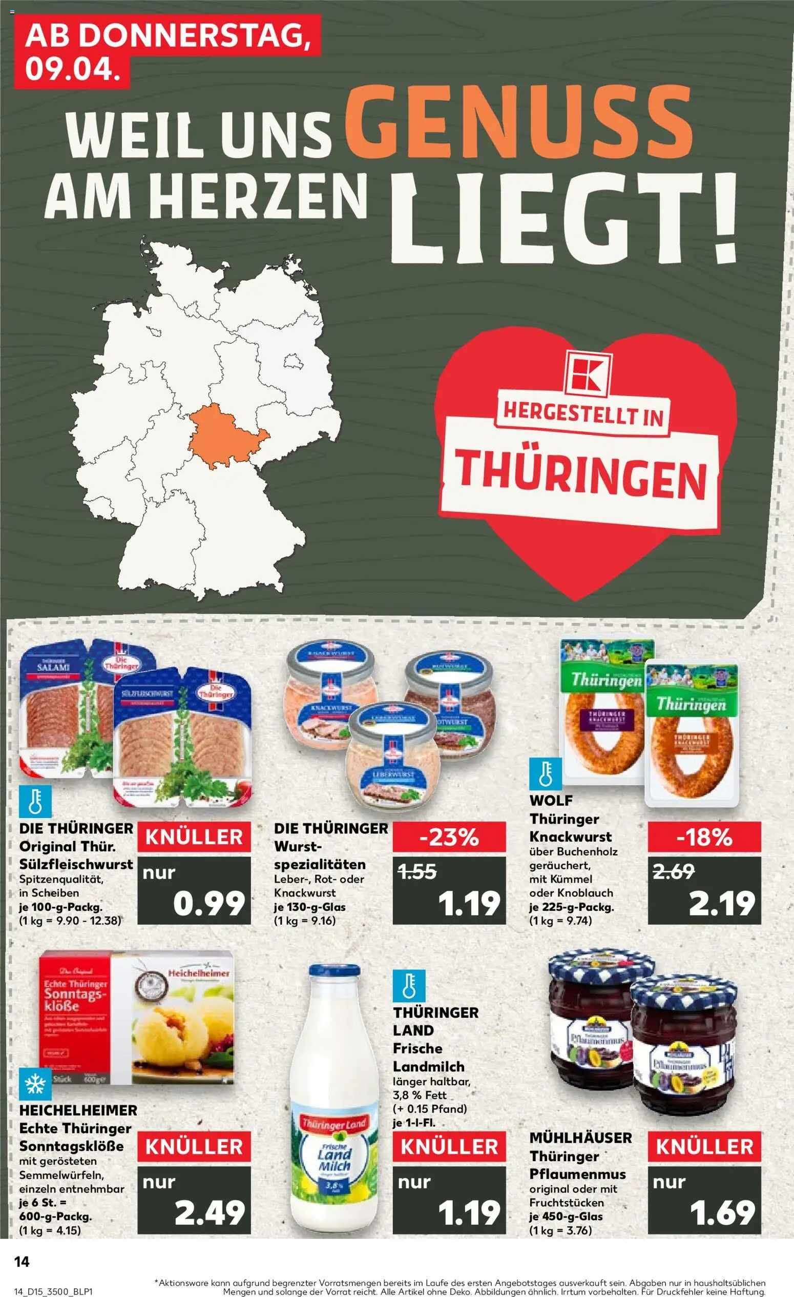 Kaufland Prospekt Jena	 – gültig ab 09.04.2026 | Seite: 14 | Produkte: Milch, Wurst, Knoblauch, Salami