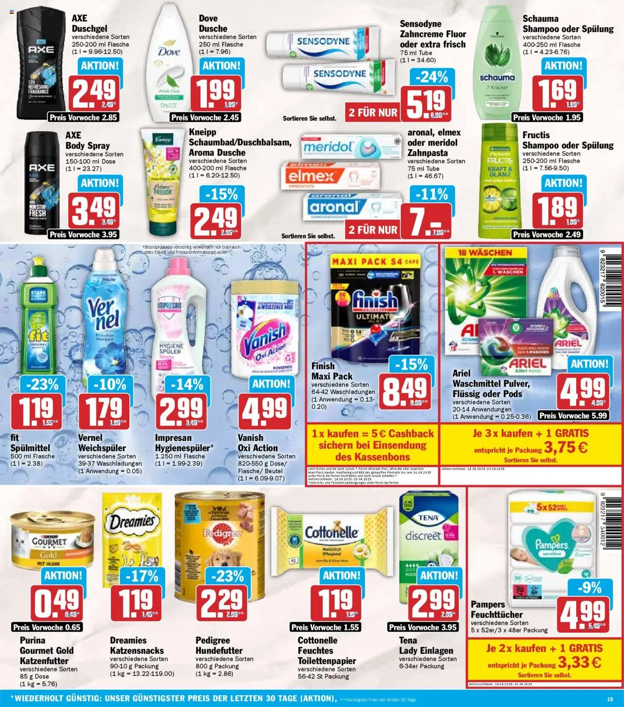 HIT - Baden-Württemberg - gültig ab dem 18.08.2025 | Seite: 15 | Produkte: Katzenfutter, Dusche, Duschgel, Weichspüler