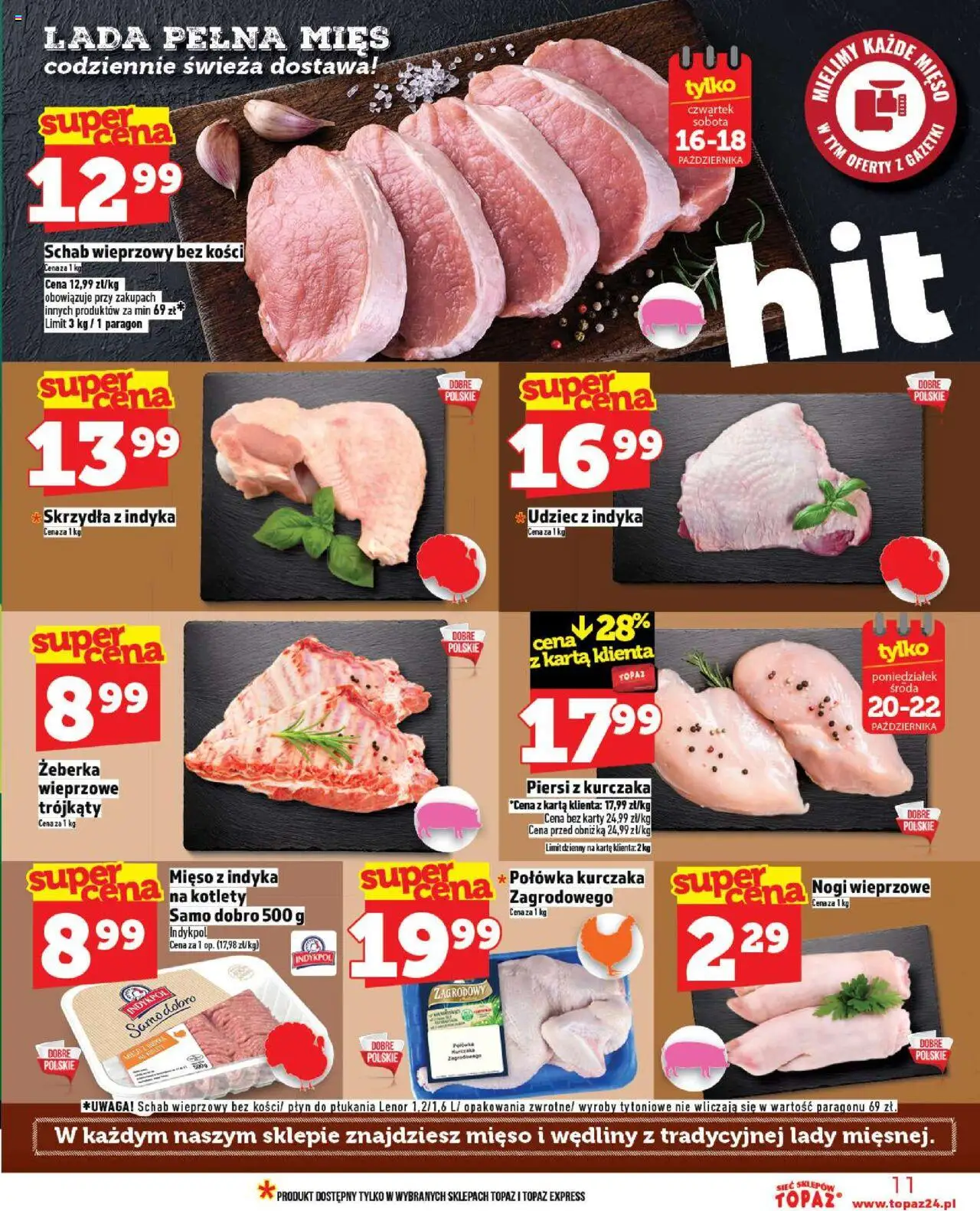 Topaz Gazetka MAZ od 16.10.2025 | Strona: 11 | Produkty: Karta, Piersi, Schab wieprzowy, Schab wieprzowy bez kości