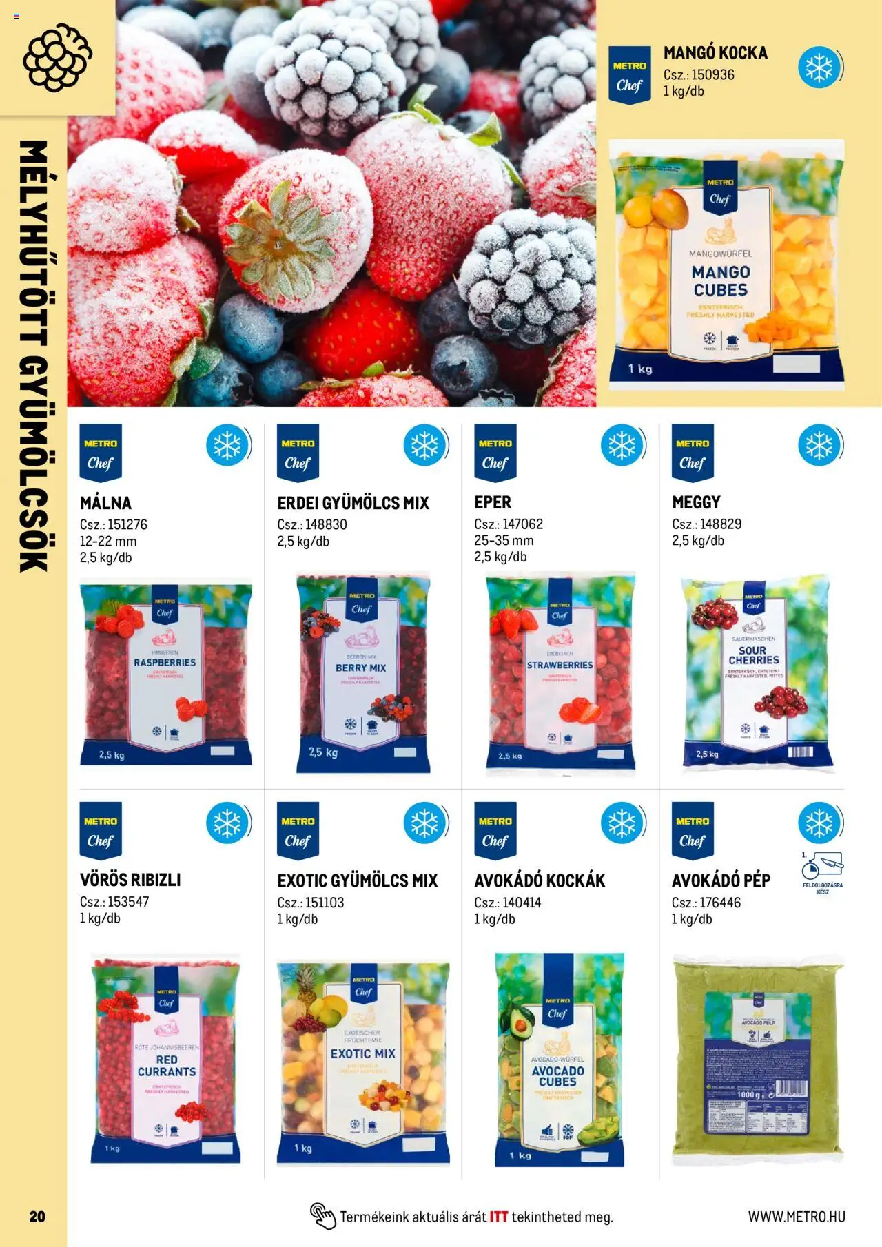 Metro akciós ujság - amely érvényes a következő dátumtól: 01.06.2025 | Oldal: 20 | Termékek: Meggy, Eper, Avokádó, Mangó