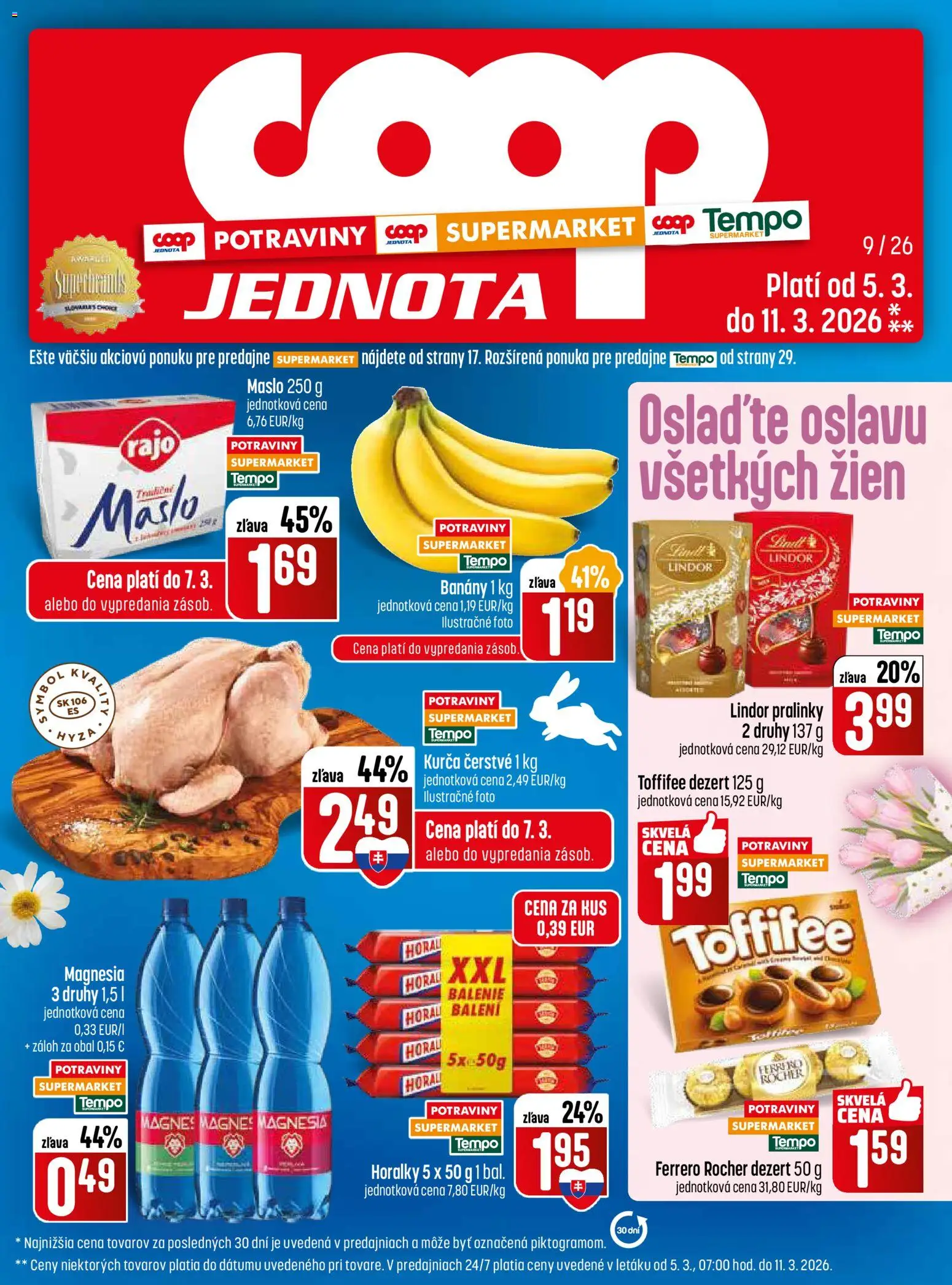 Nové COOP Jednota akcie – leták je platný od 05.03.2026 | Strana: 1 | Produkty: Banány, Lindor, Toffifee, Magnesia