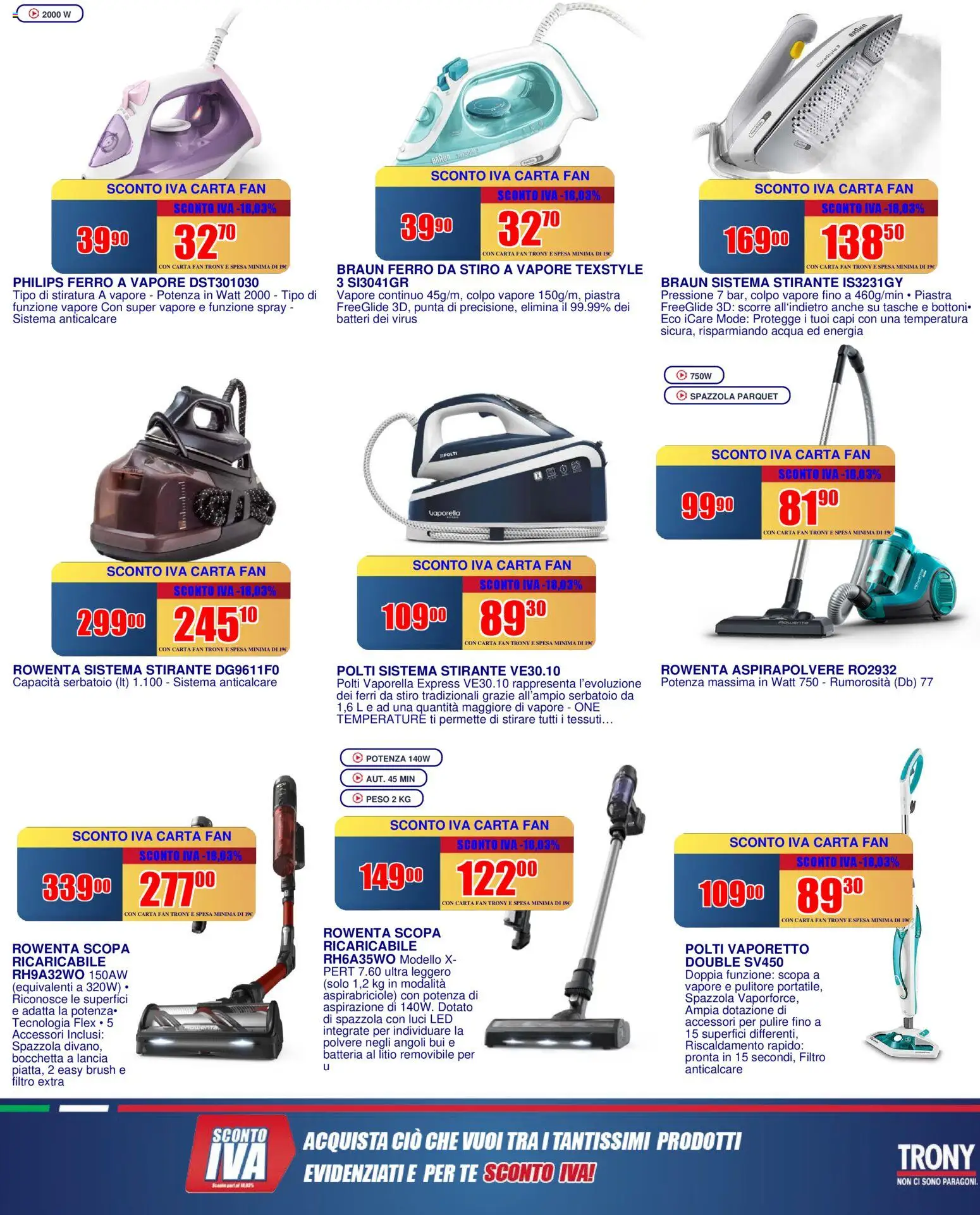 Volantino Trony del 02.04.2026 | Pagina: 10 | Prodotti: Spazzola, Anticalcare, Aspirapolvere, Ferro da stiro