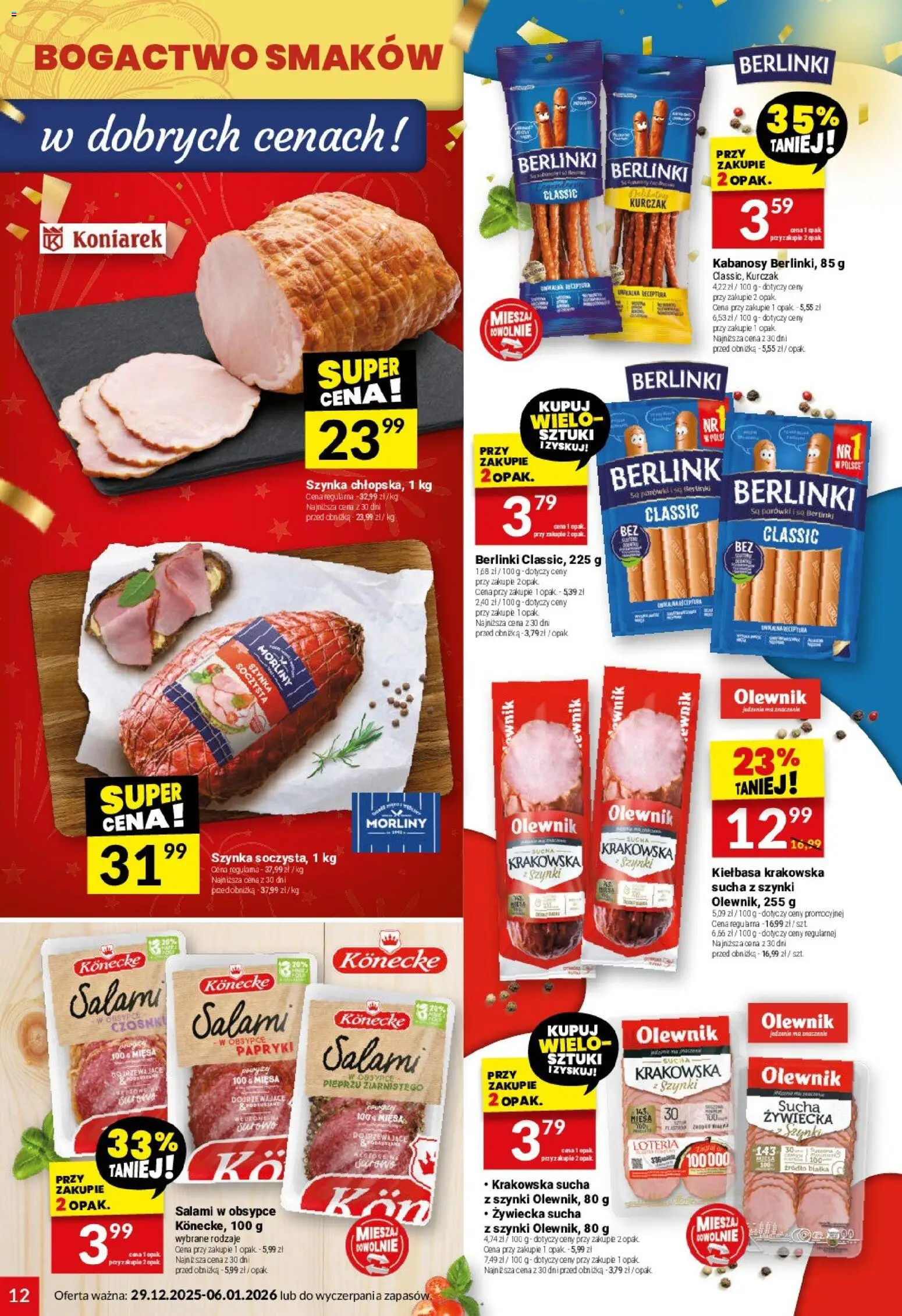 Twój Market Gazetka od 29.12.2025 | Strona: 12 | Produkty: Kiełbasa, Szynka, Kiełbasa krakowska, Salami