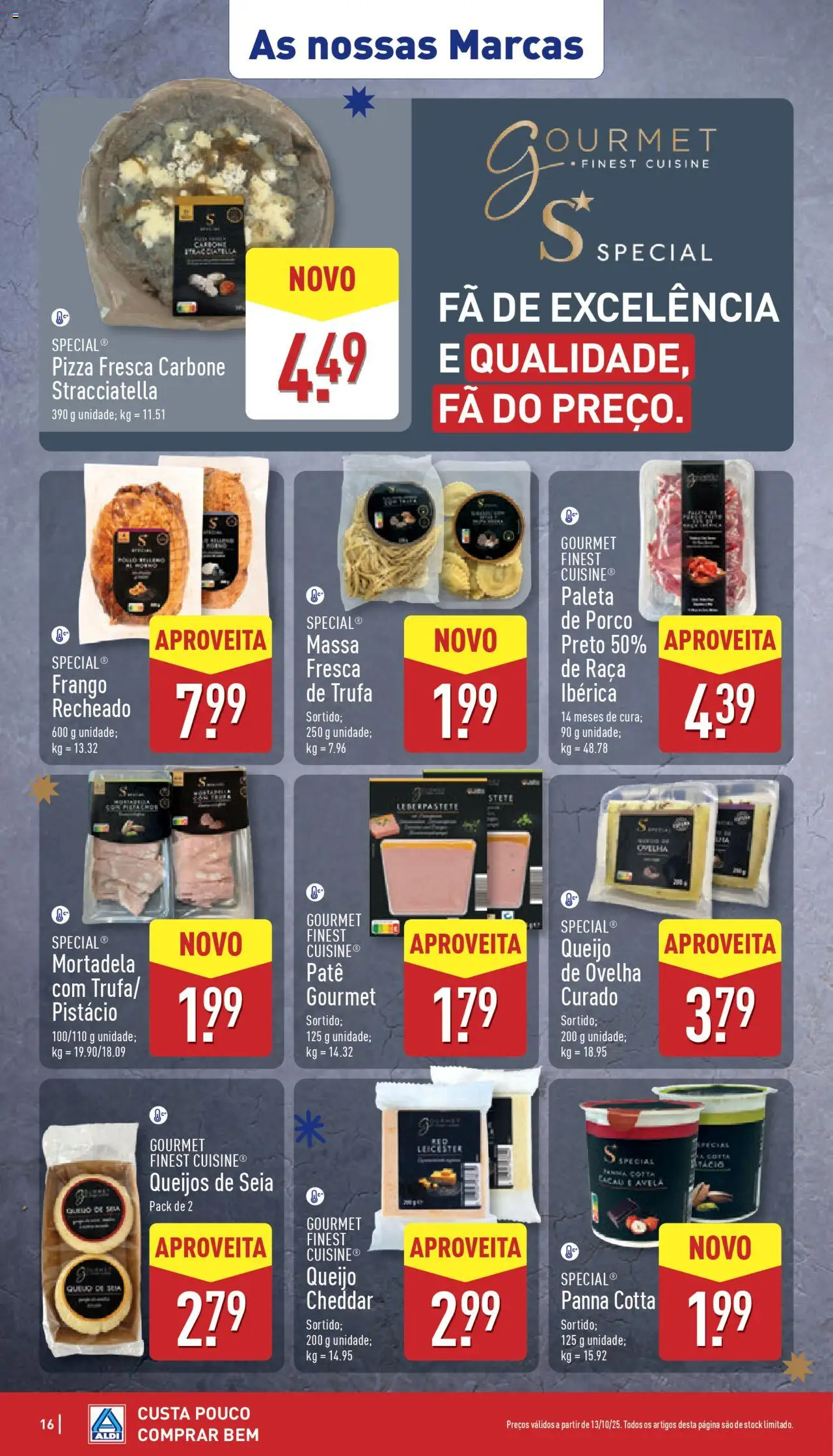 Aldi folheto │ válido de 13.10.2025 | Página: 16 | Produtos: Mortadela, Cheddar, Pizza, Massa