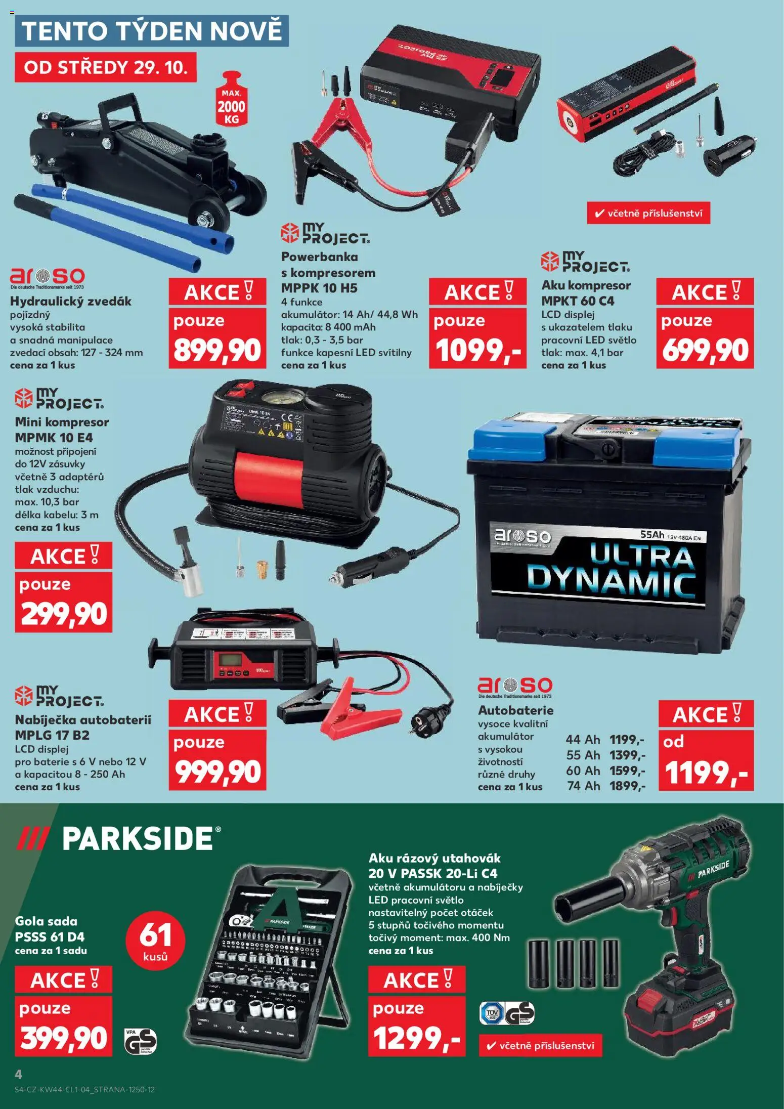 Kaufland leták - Kolín od 29.10.2025 | Strana: 4 | Produkty: Autobaterie, Kompresor, Hydraulický zvedák, LED světlo