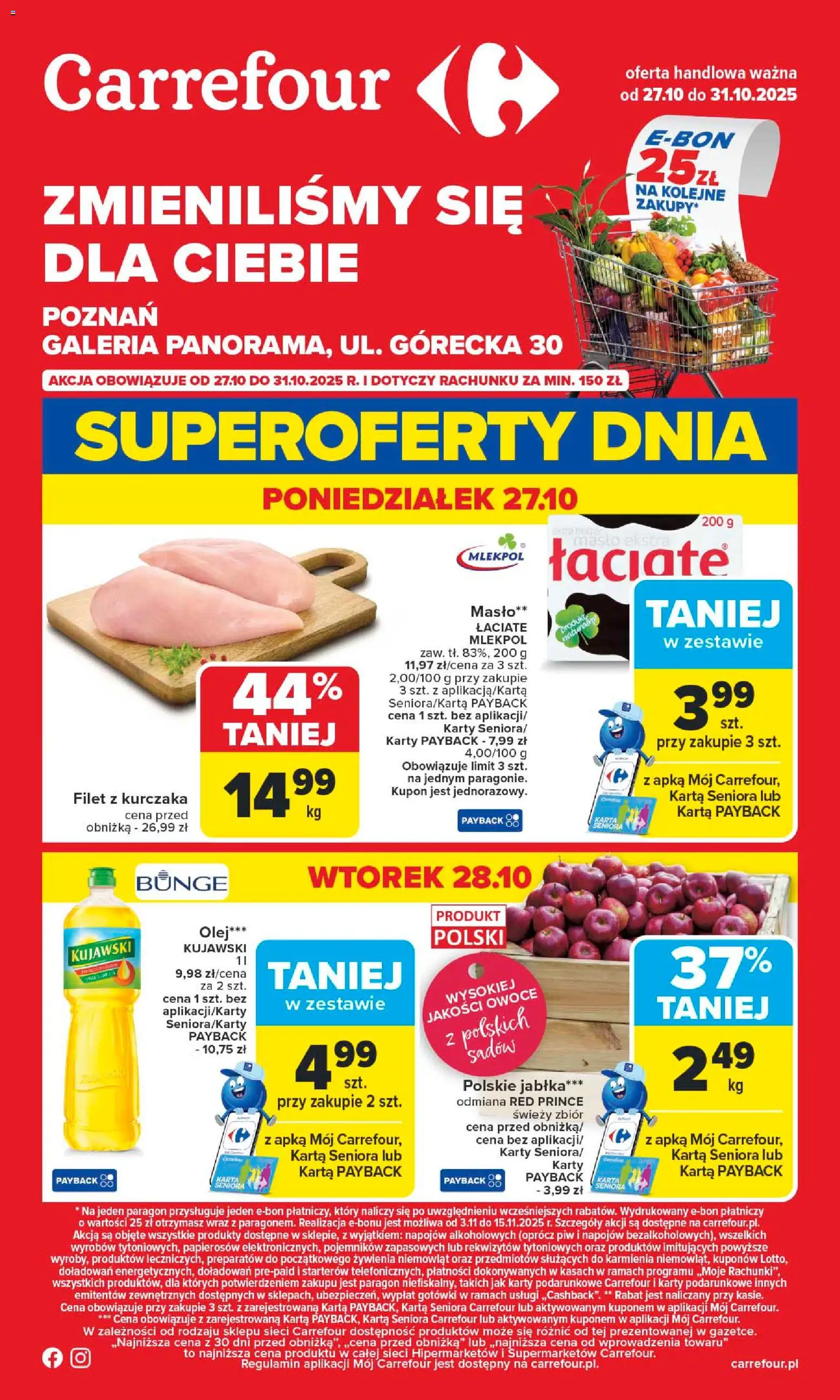 Carrefour Gazetka - Poznań Zmieniliśmy się dla Ciebie od 27.10.2025 | Strona: 1 | Produkty: Filet z kurczaka, Masło, Jabłka, Owoce