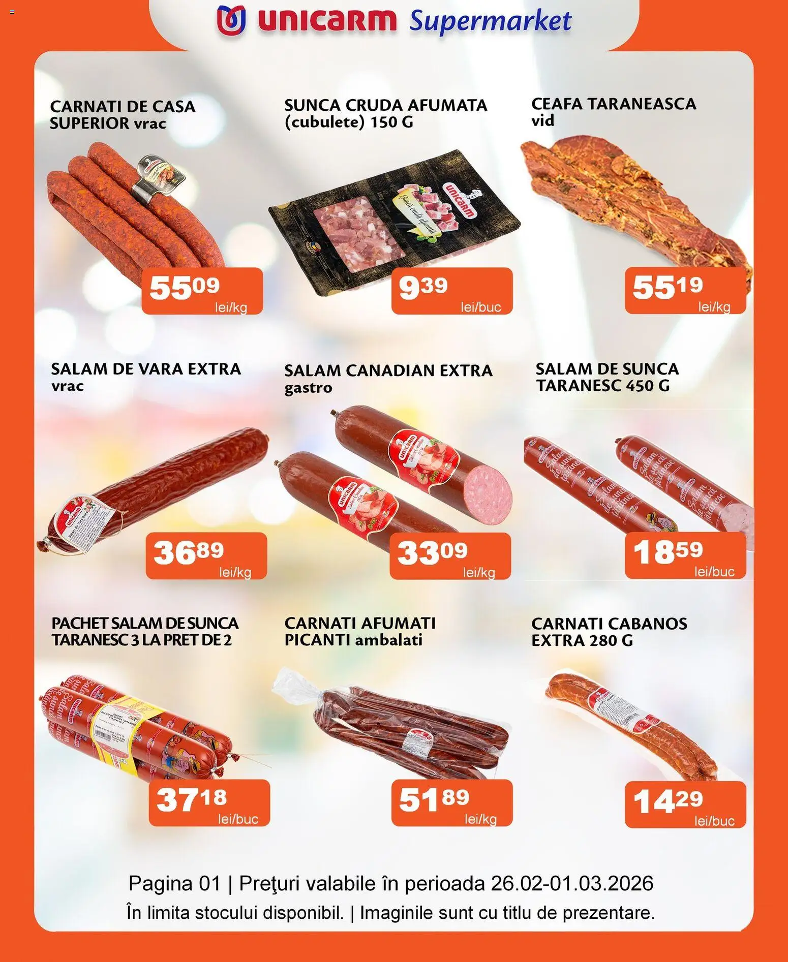 Noul catalog Unicarm – valabil de la 26.02.2026 | Pagină: 1 | Produse: Salam, Șuncă, Cârnați