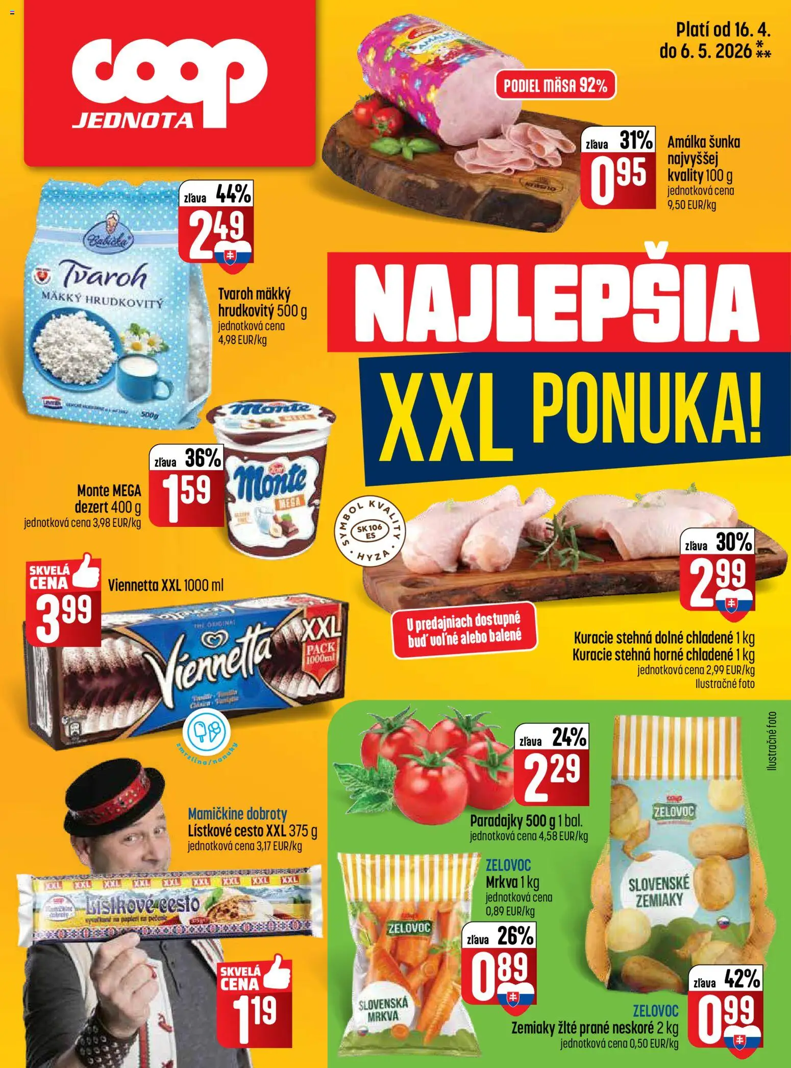 Nové COOP Jednota akcie – leták je platný od 16.04.2026 | Strana: 8 | Produkty: Šunka, Paradajky, Tvaroh, Zemiaky
