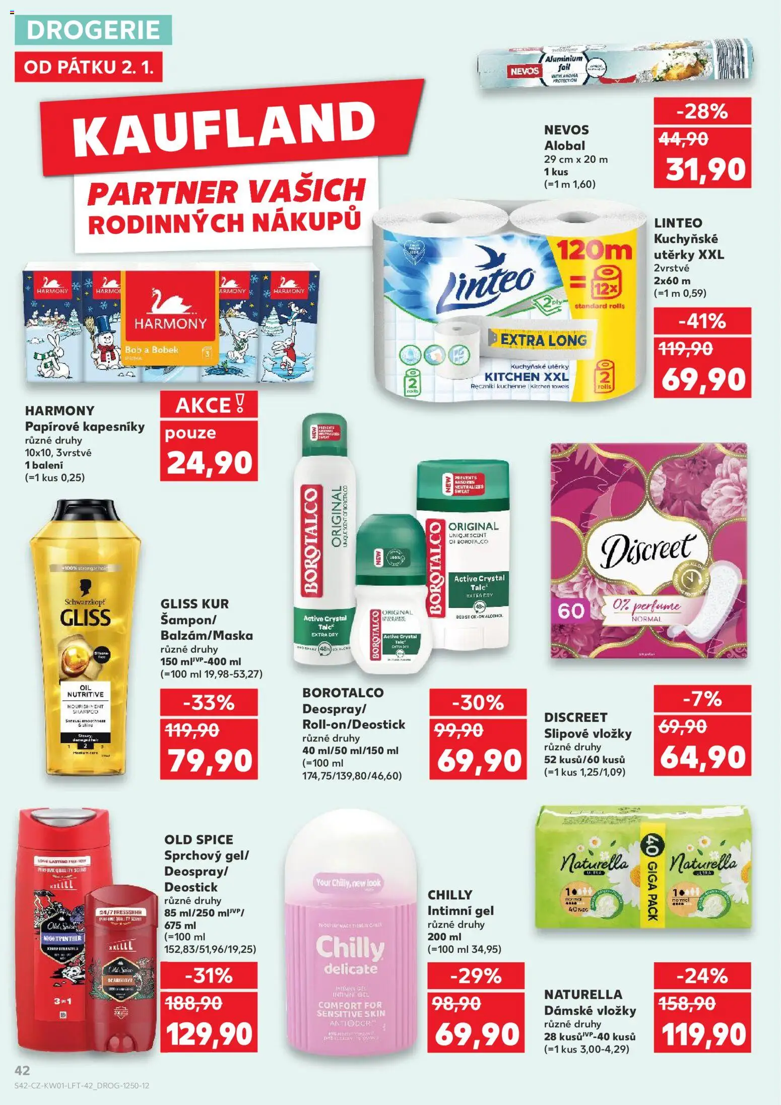 Kaufland leták - Plzeň od 02.01.2026 | Strana: 42 | Produkty: Deodorant, Kuchyňské utěrky, Drogerie, Borotalco