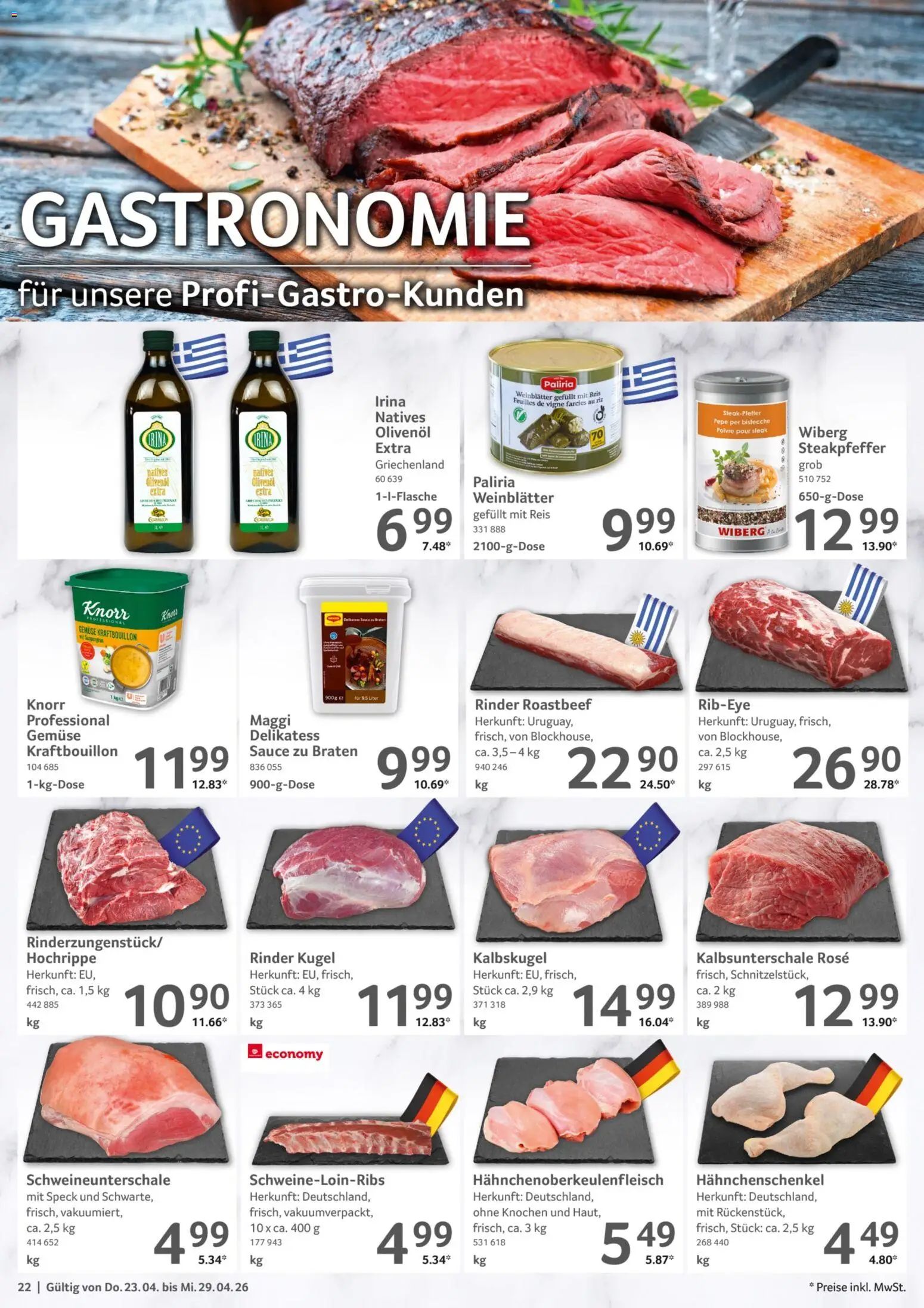 Selgros Prospekt 	 – gültig ab 23.04.2026 | Seite: 22 | Produkte: Maggi, Hahnchenschenkel, Reis, Steak