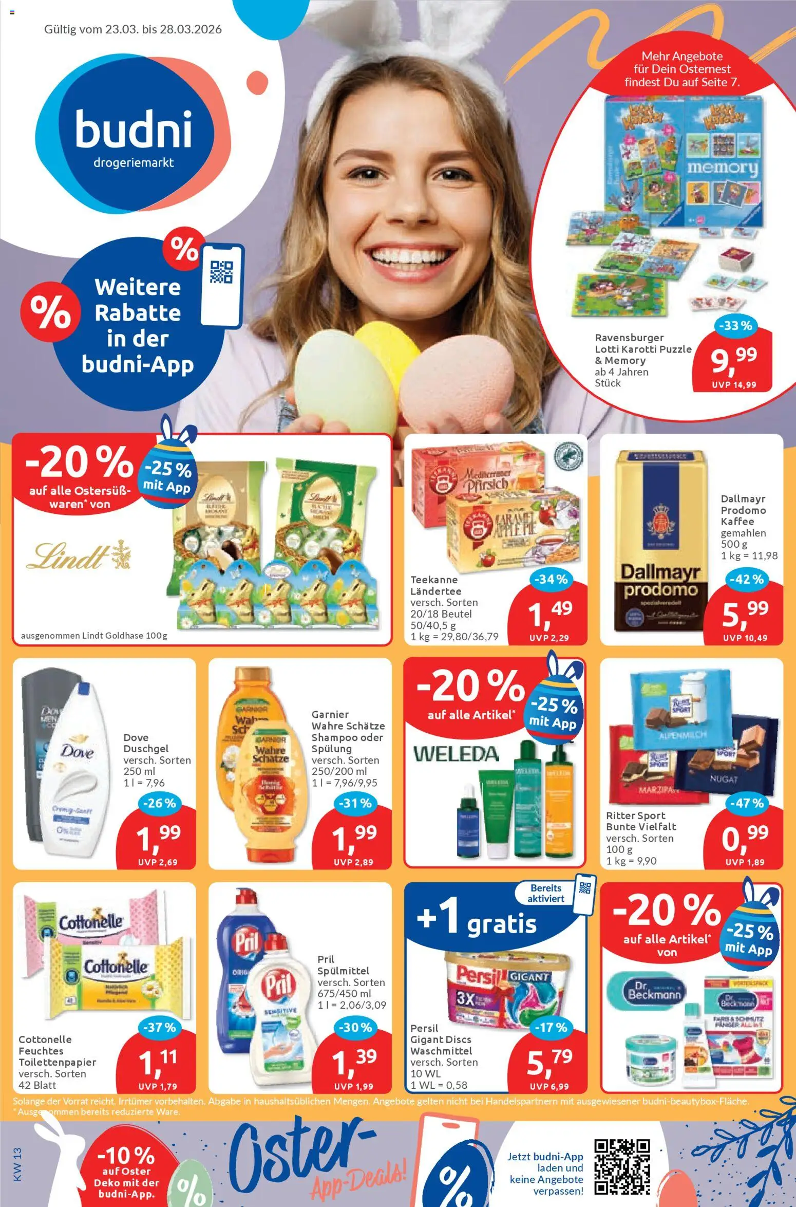 Budni Prospekt – gültig ab 23.03.2026 | Seite: 1 | Produkte: Duschgel, Dallmayr, Pril, Toilettenpapier