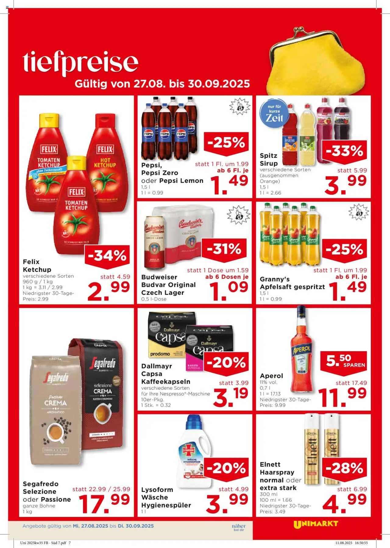 Unimarkt Süd gültig ab 27.08.2025 | Seite: 7 | Produkte: Ketchup, Planche de surf, Haarspray, Tomaten