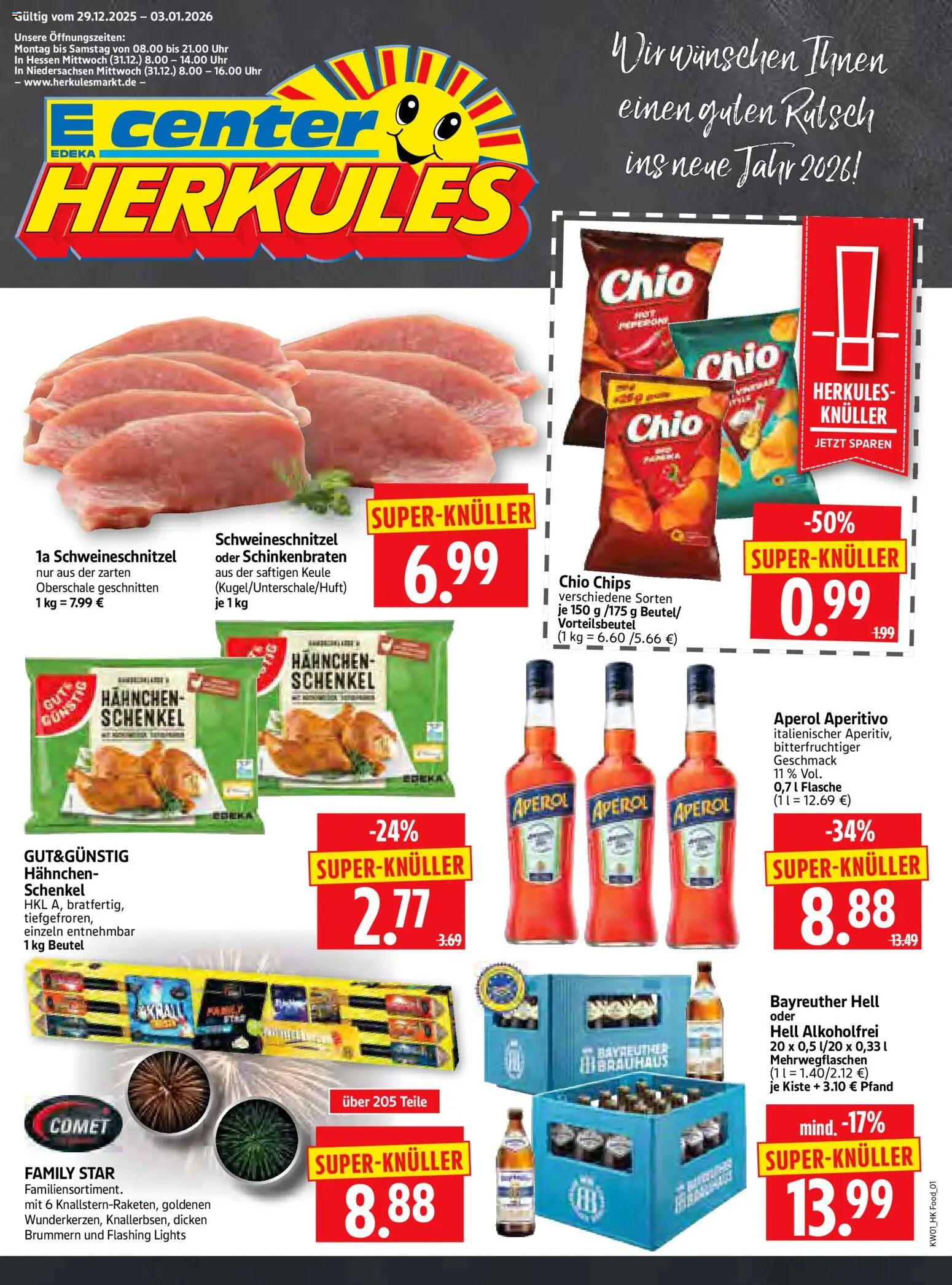 HERKULES Prospekt 	 – gültig ab 29.12.2025 | Seite: 1 | Produkte: Bayreuther hell, Hahnchen, Chips, Uhr