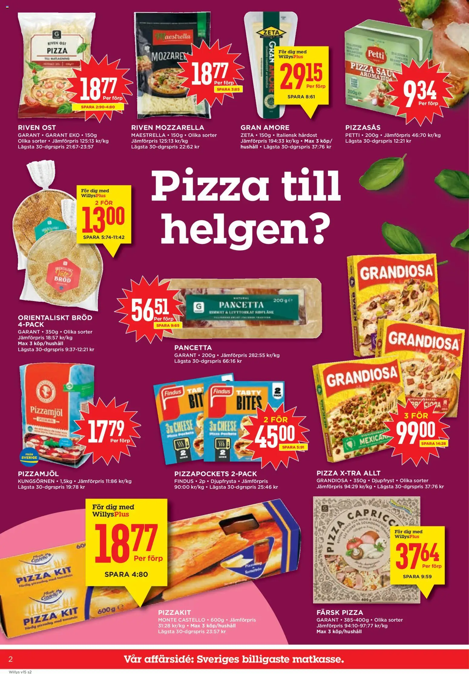 Willys reklamblad aktuell från 06.04.2026 | Sida: 2 | Produkter: Riven ost, Bröd, Pizza, Pizzakit