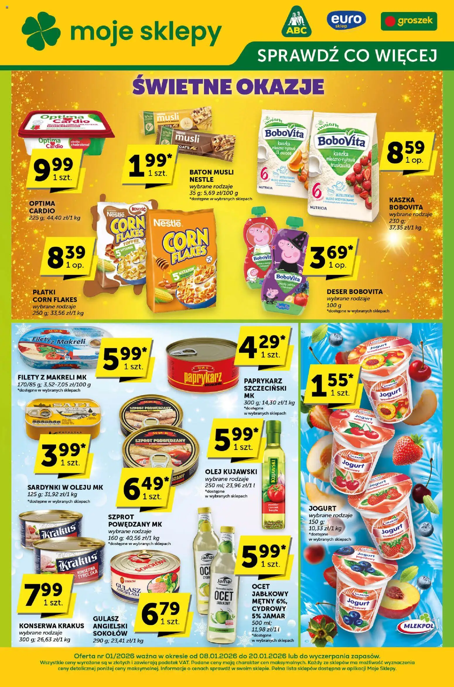 ABC Gazetka - Sprawdź, co więcej od 08.01.2026 | Strona: 1 | Produkty: Czosnek, Ocet, Mleko modyfikowane, Corn Flakes