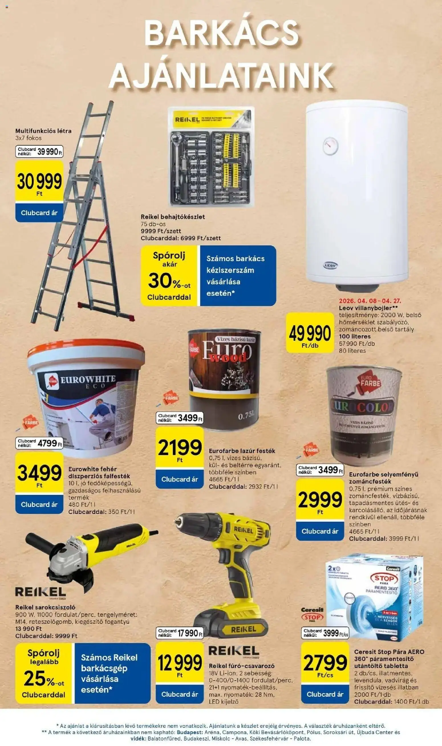 Tesco akciós ujság - amely érvényes a következő dátumtól: 23.04.2026 | Oldal: 27 | Termékek: Páramentesítő, Sarokcsiszoló, Létra, Festék